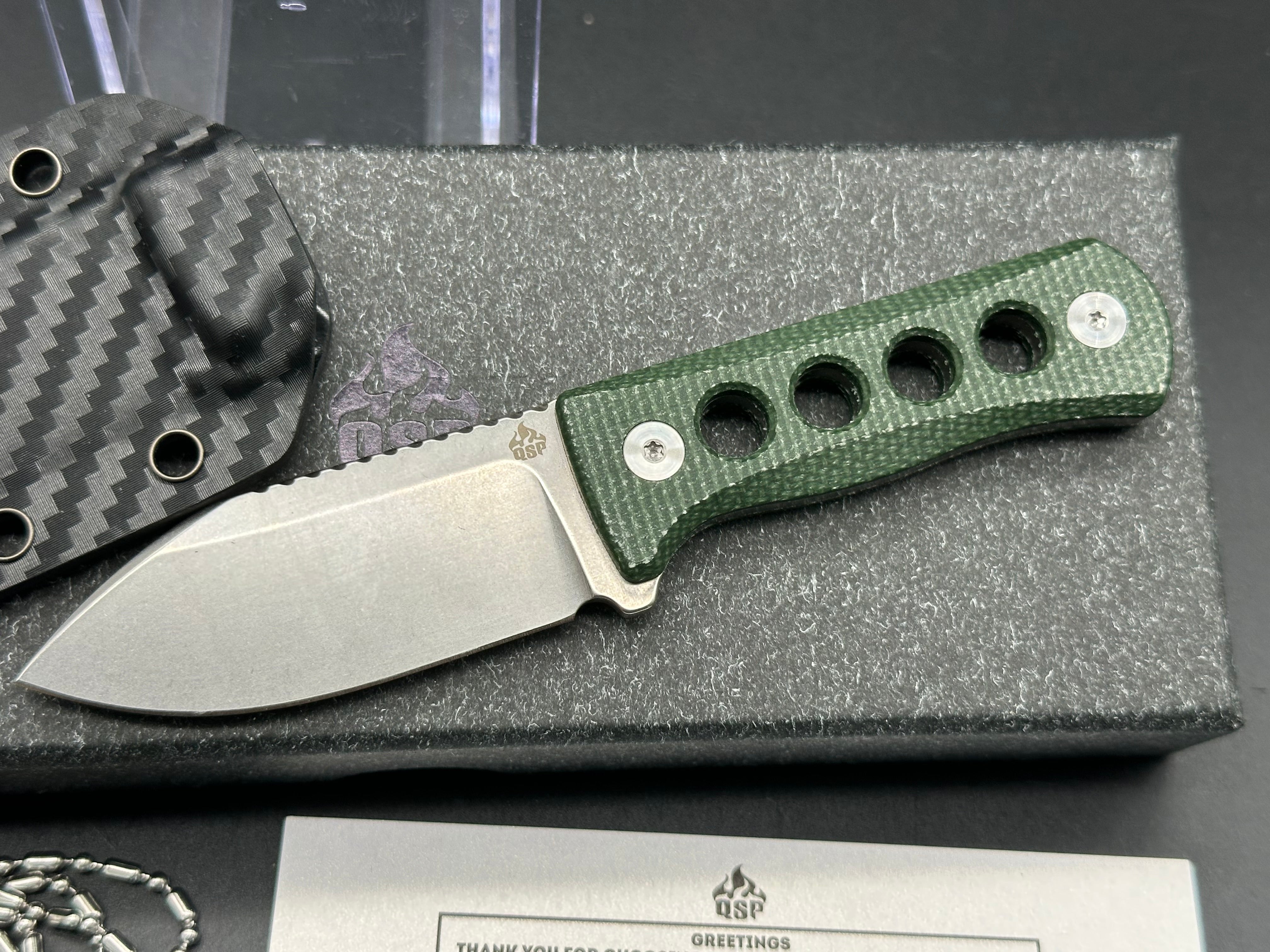 QSP Canary Neck Knife, 2.5" 14C28N Stonewash Blade with Green Micarta Handle.