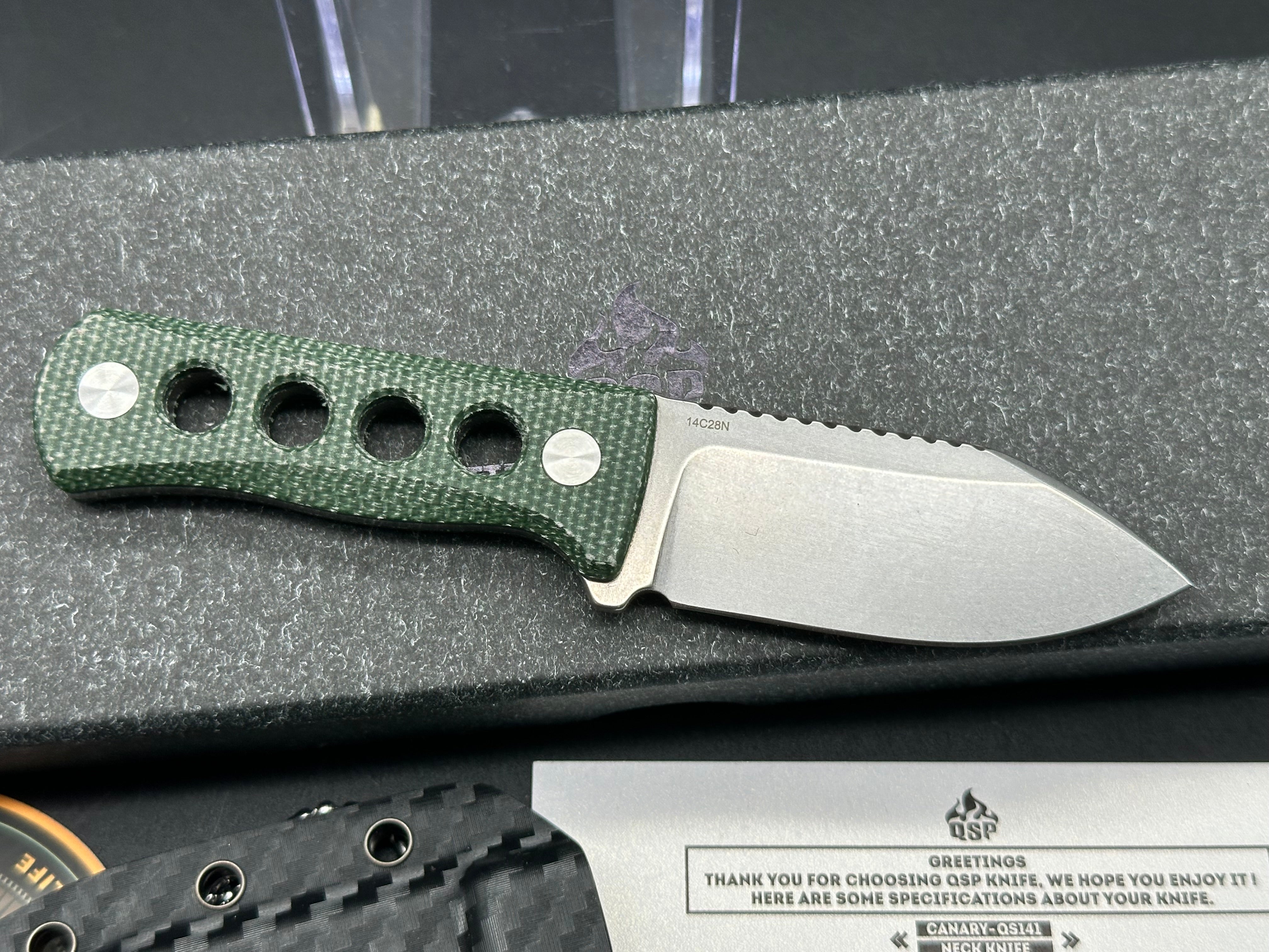 QSP Canary Neck Knife, 2.5" 14C28N Stonewash Blade with Green Micarta Handle.