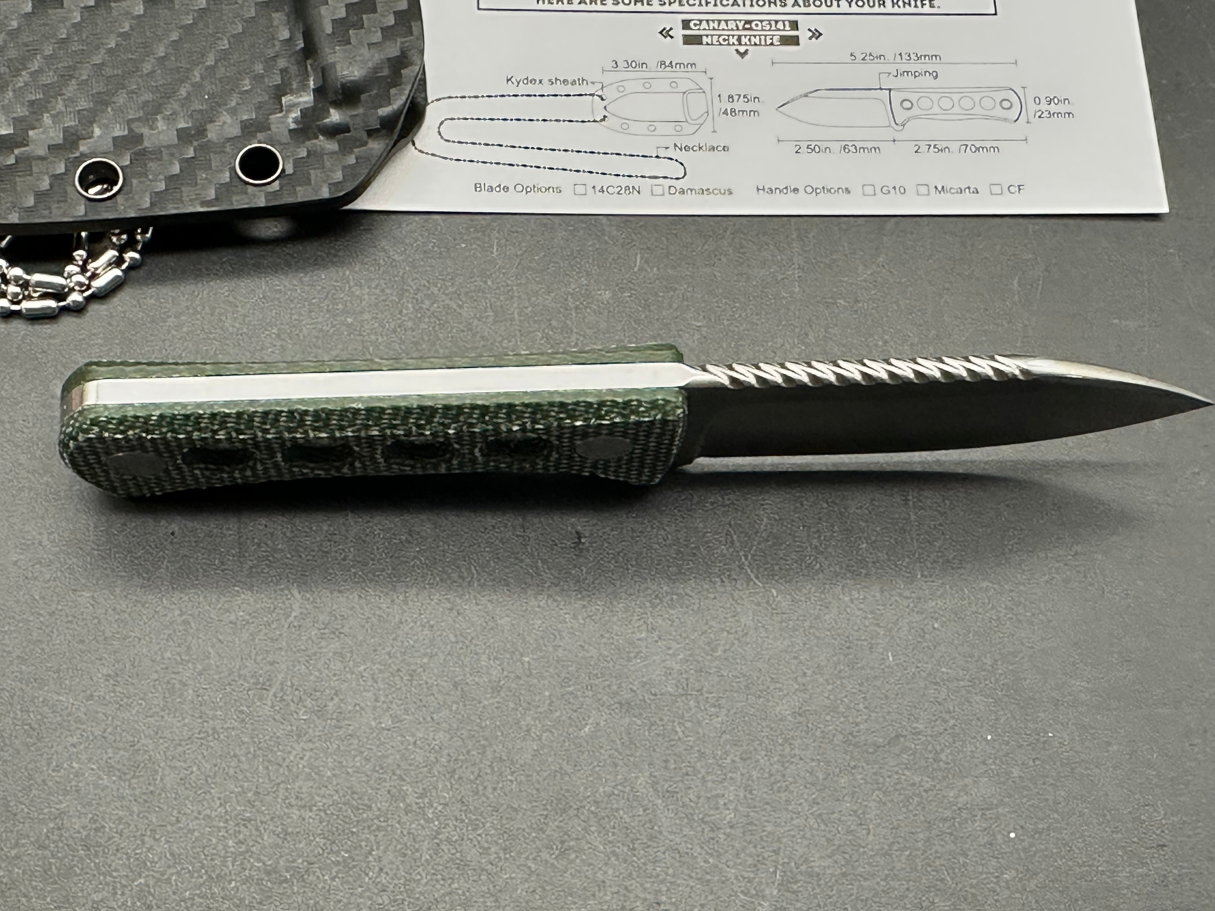 QSP Canary Neck Knife, 2.5" 14C28N Stonewash Blade with Green Micarta Handle.