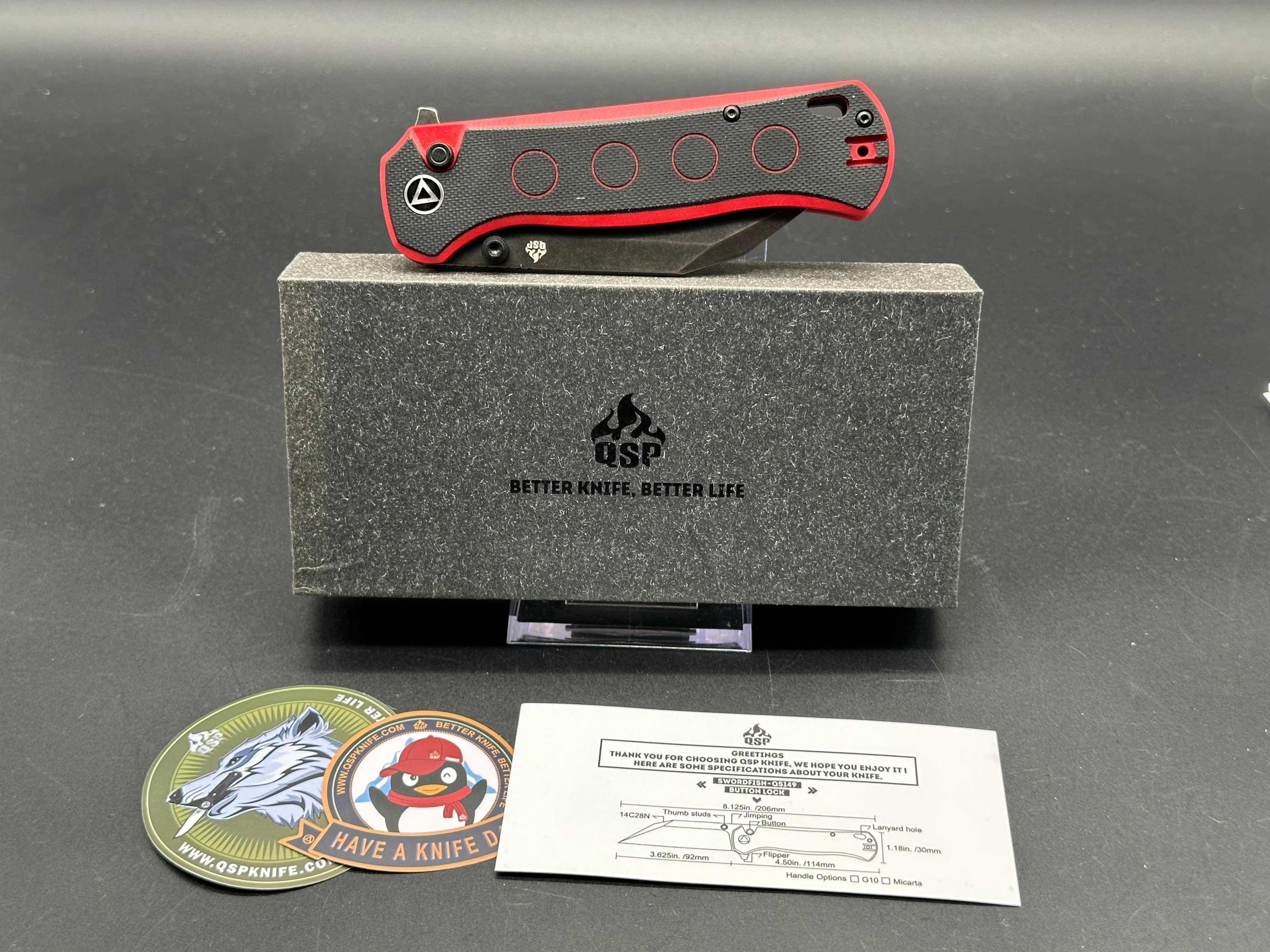 QSP Swordfish Button Lock Knife Black/Red G-10 (3.625" BW)