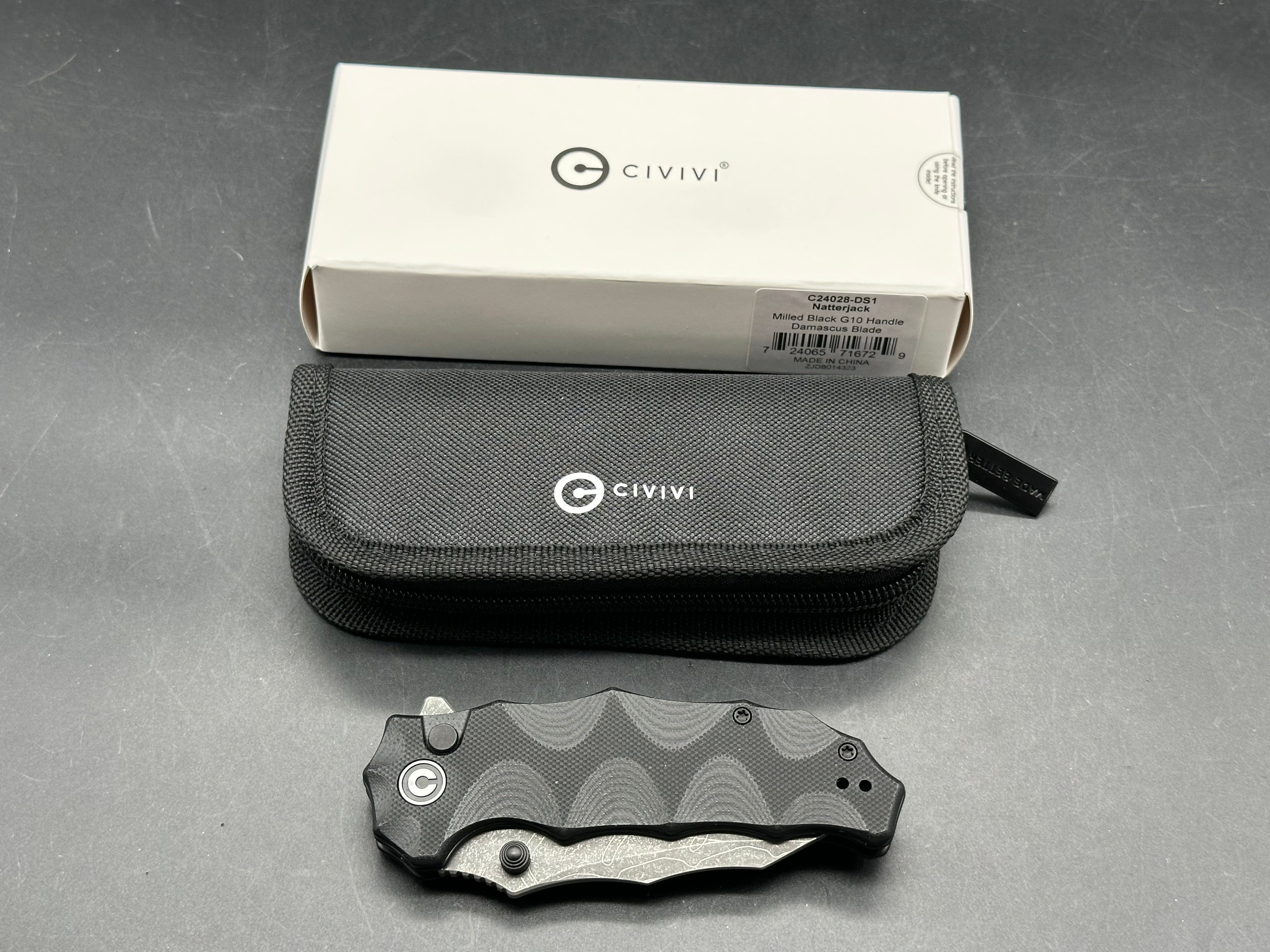 CIVIVI NATTERJACK FOLDING KNIFE MILLED BLACK G10 HANDLE DAMASCUS PLAIN EDGE