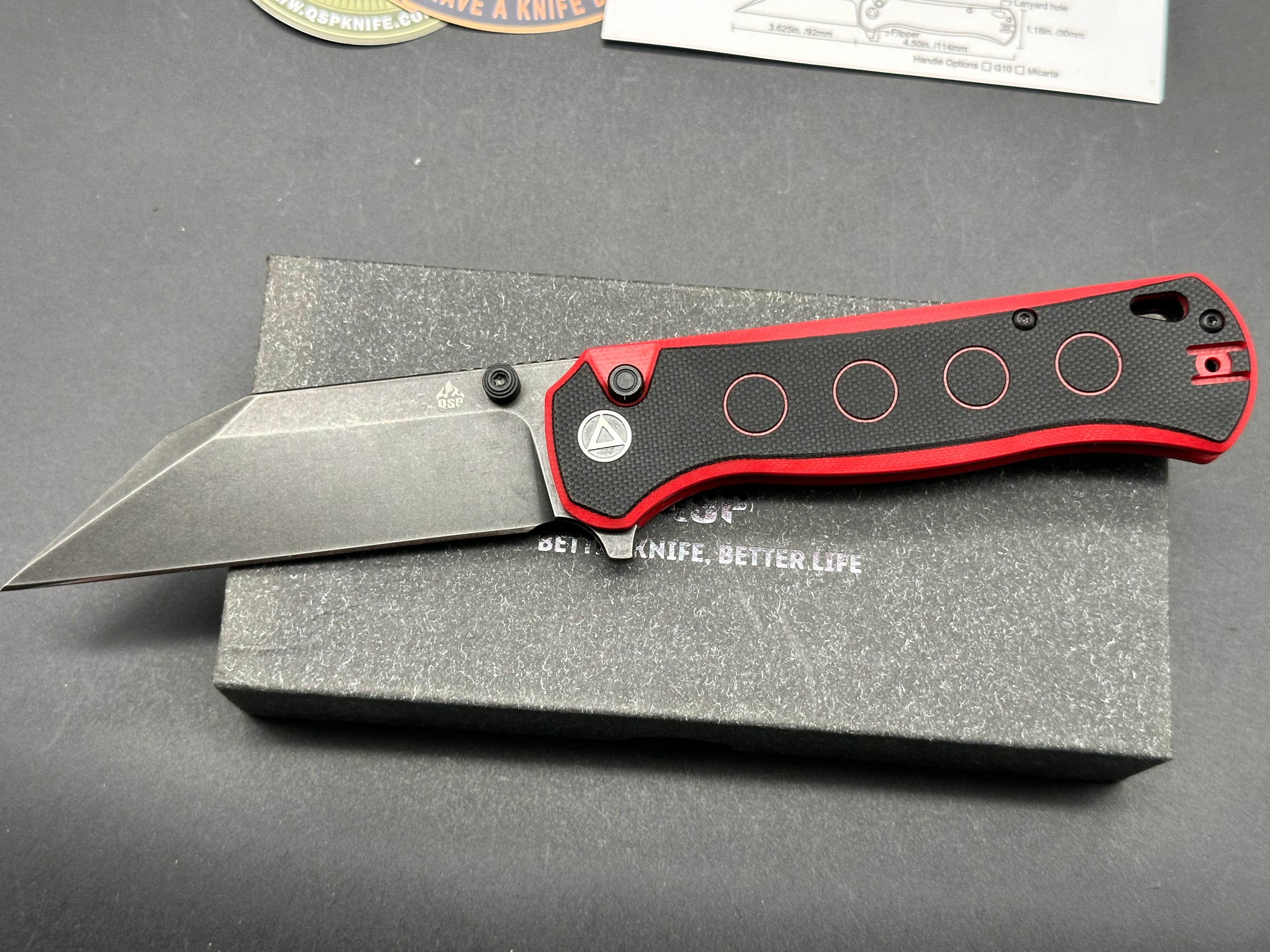 QSP Swordfish Button Lock Knife Black/Red G-10 (3.625" BW)