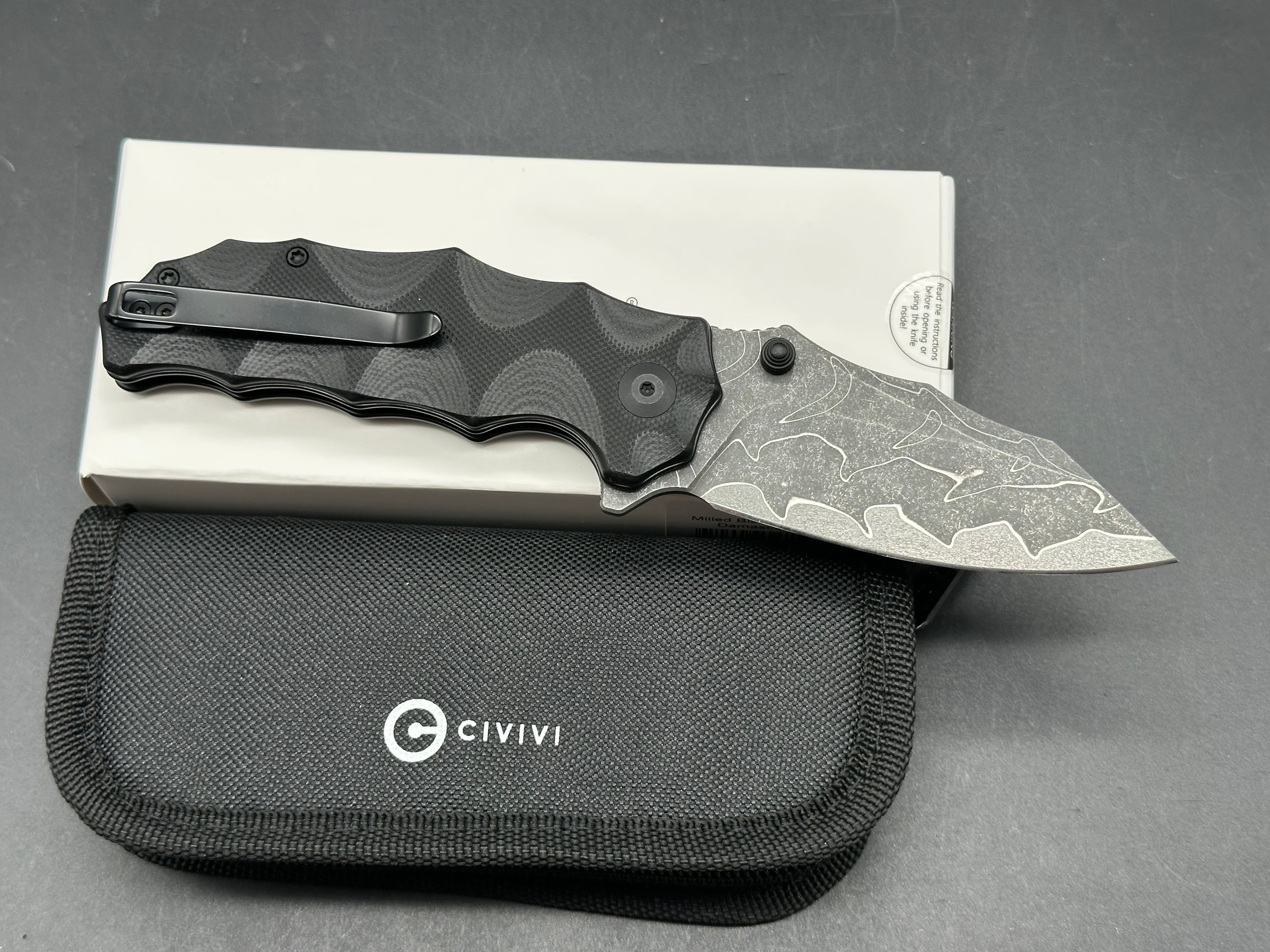 CIVIVI NATTERJACK FOLDING KNIFE MILLED BLACK G10 HANDLE DAMASCUS PLAIN EDGE