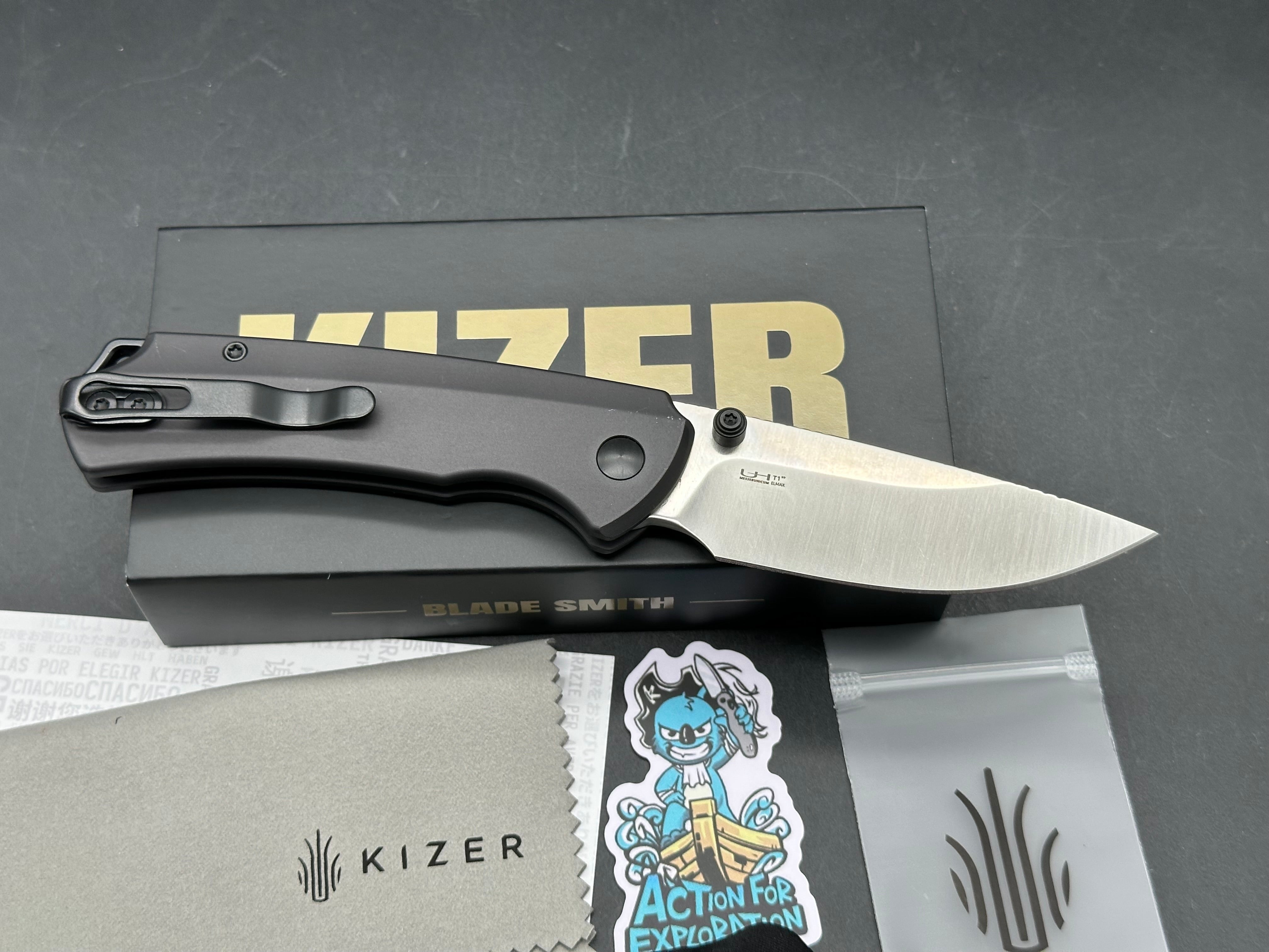 KIZER T1 BD FOLDING KNIFE GRAY ALUMINUM HANDLE ELMAX DROP POINT PLAIN EDGE SATIN FINISH