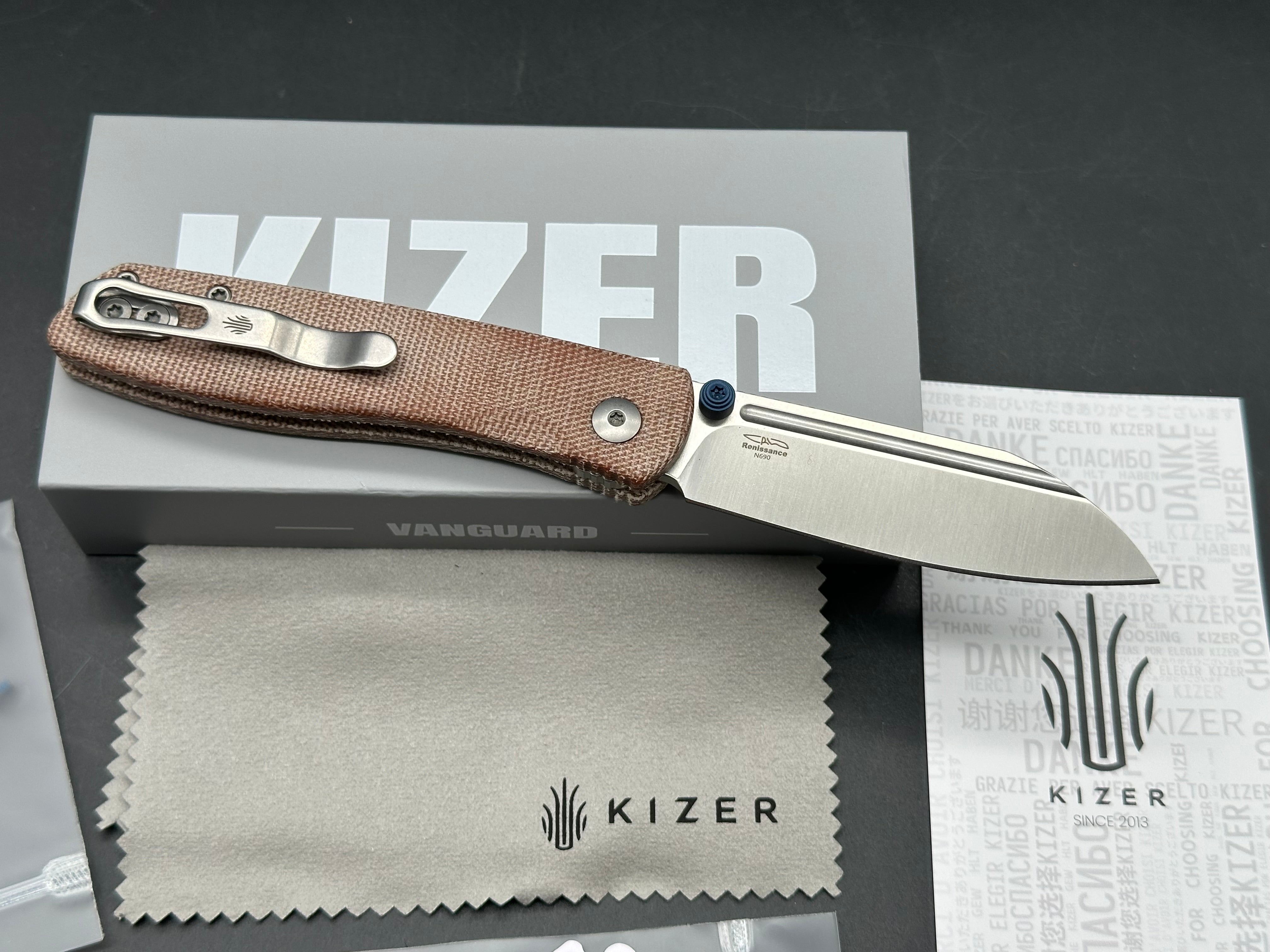 KIZER RENISSANCE FOLDING KNIFE BROWN NORPLEX ULTREX MICARTA HANDLE N690