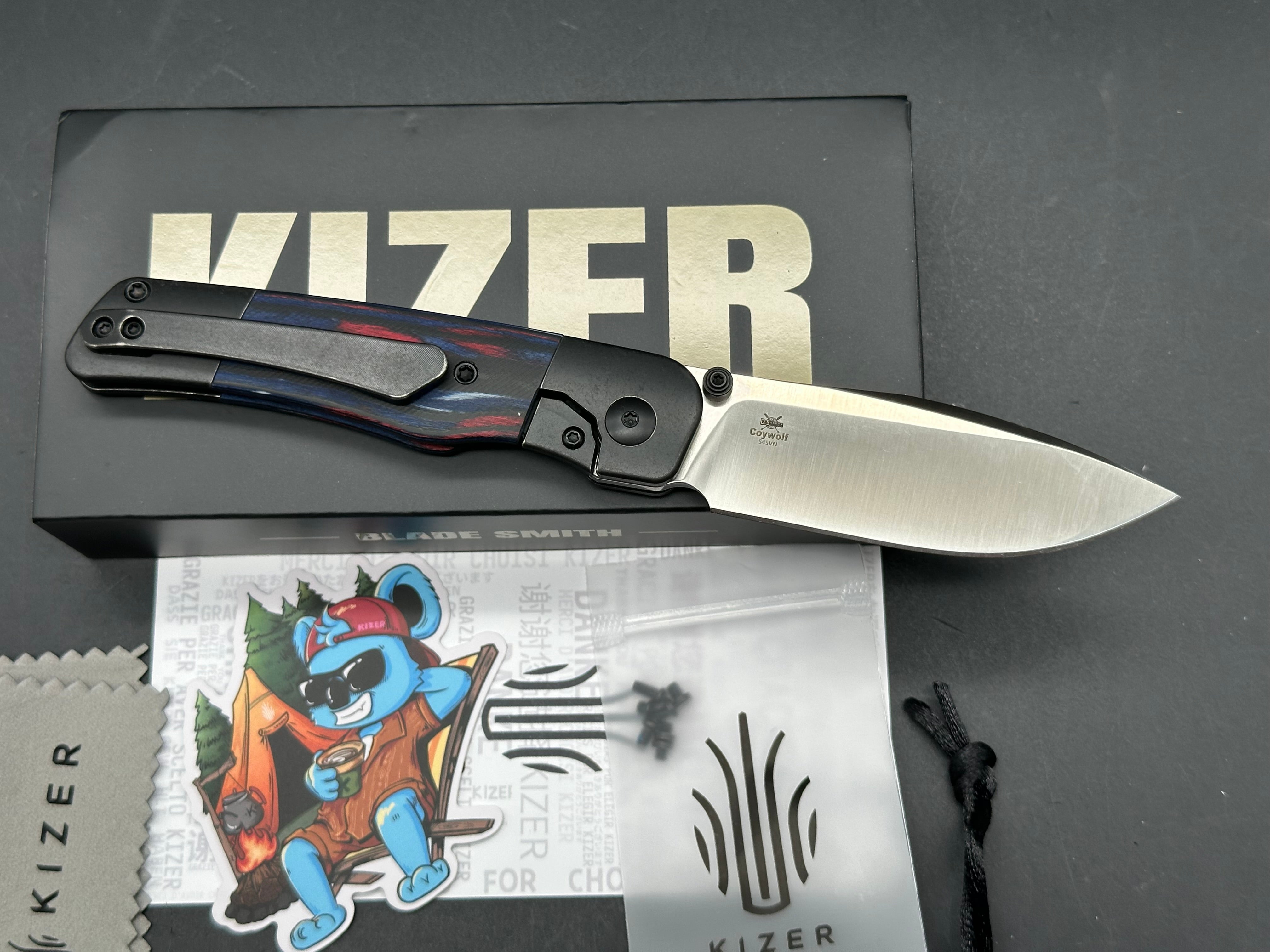 KIZER COYWOLF FOLDING KNIFE TITANIUM/RECONSTITUTED WOOD HANDLE S45VN PLAIN EDGE