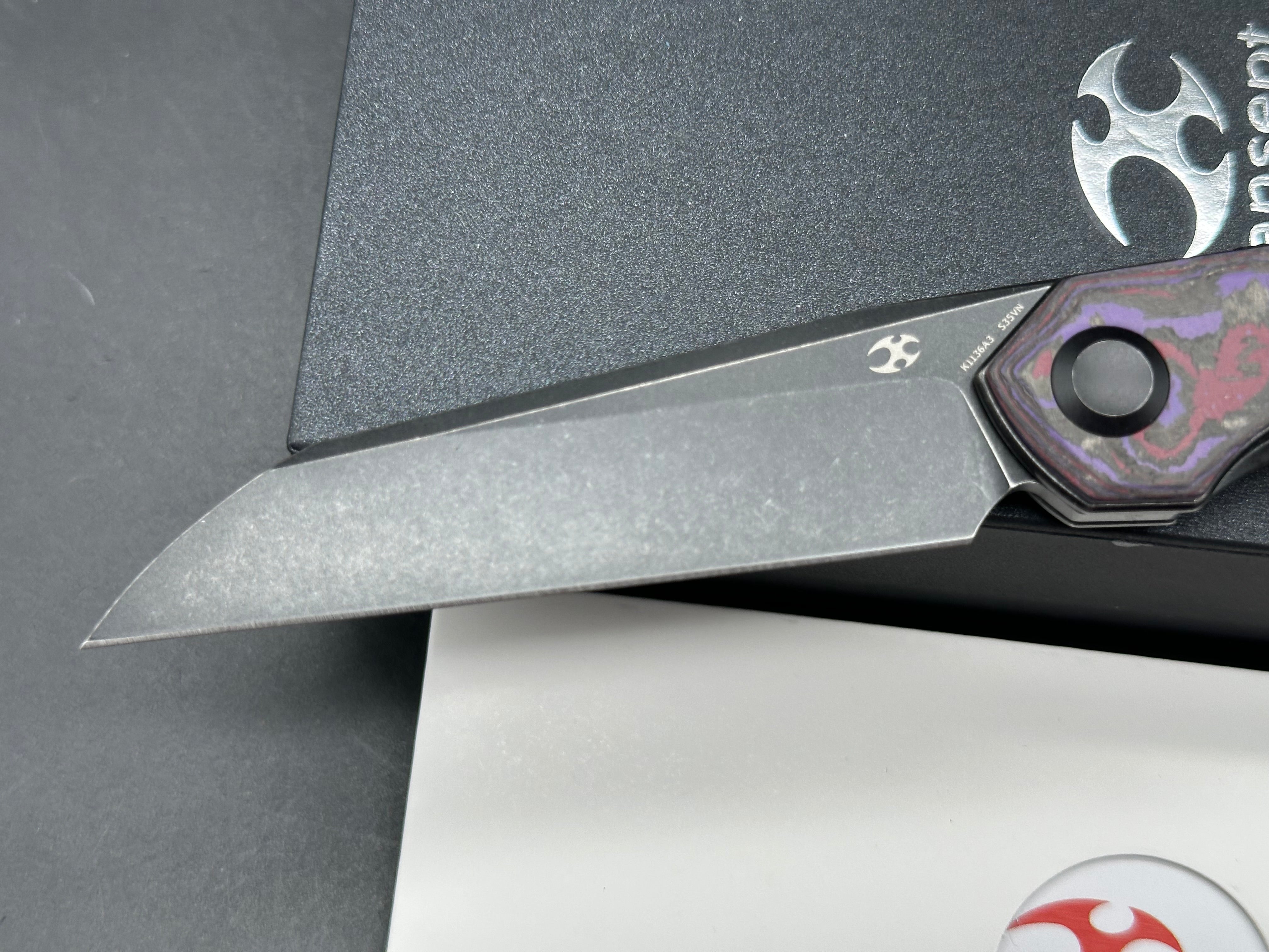 KANSEPT HALIDE FOLDING KNIFE PURPLE HAZE FATCARBON HANDLE S35VN PLAIN EDGE BLACKWASH FINISH