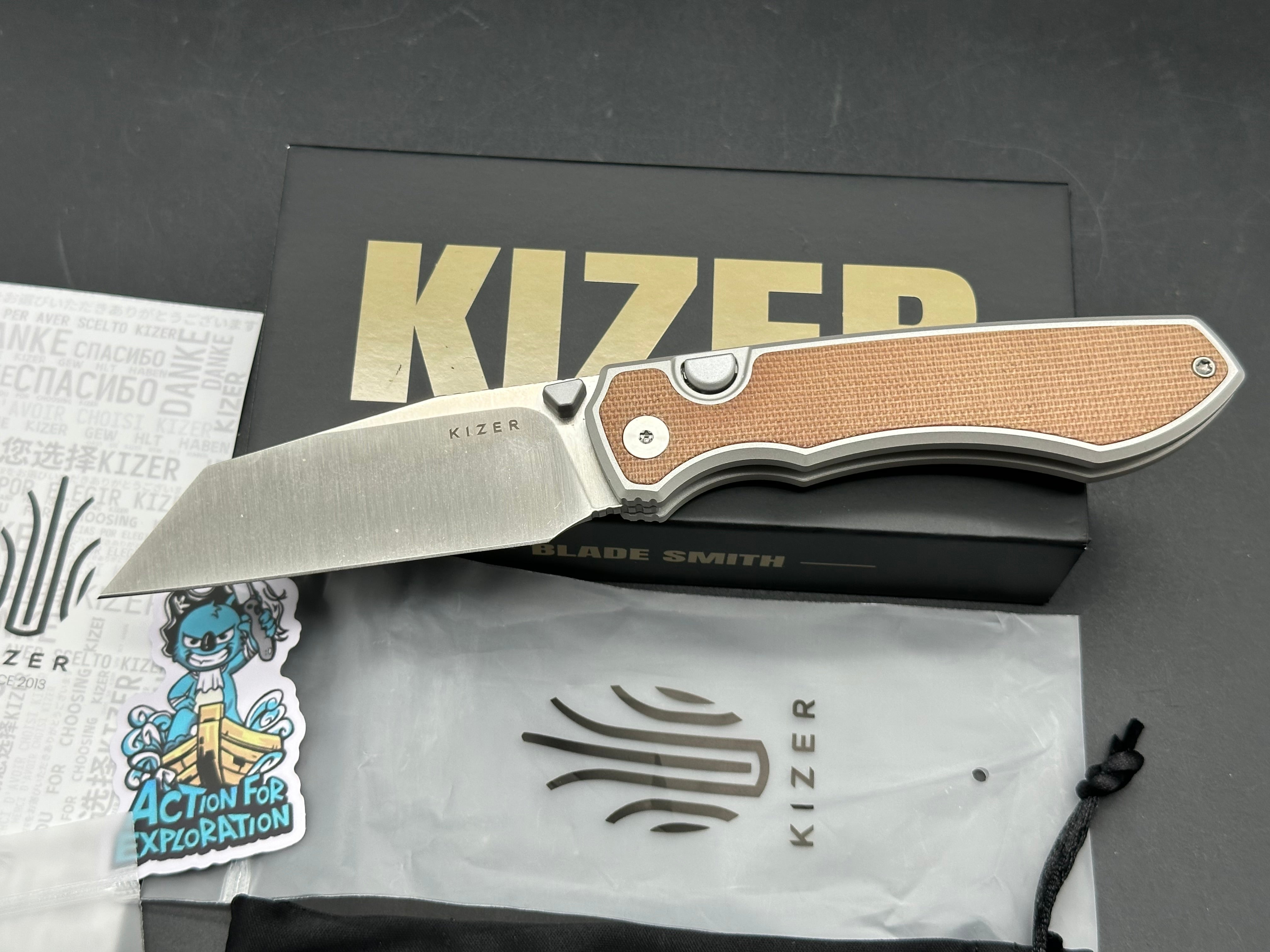 KIZER WHARNING FOLDING KNIFE ALUMINUM/BROWN NORPLEX ULTREX HANDLE S45VN SHEEPSFOOT PLAIN EDGE SATIN FINISH