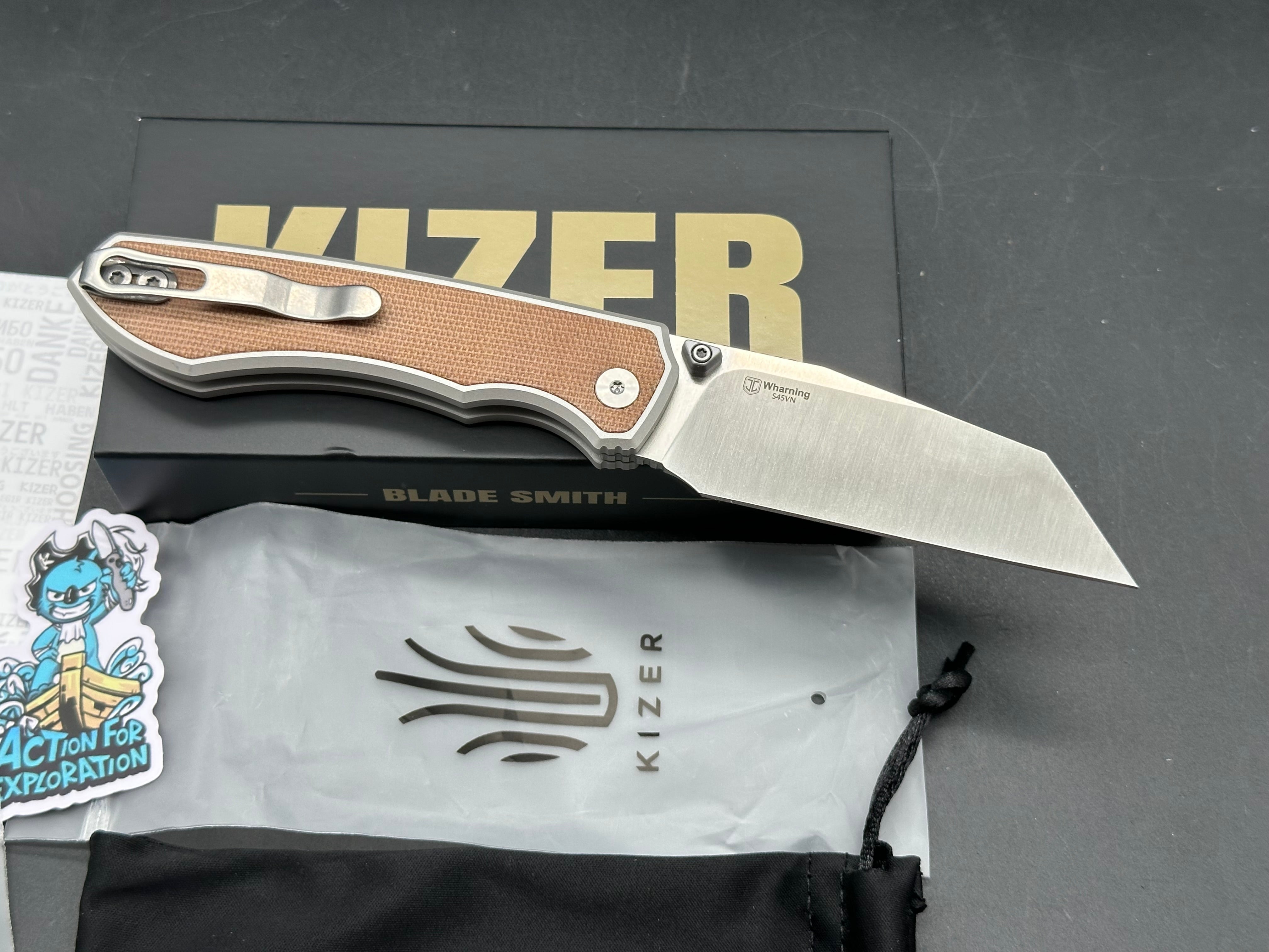 KIZER WHARNING FOLDING KNIFE ALUMINUM/BROWN NORPLEX ULTREX HANDLE S45VN SHEEPSFOOT PLAIN EDGE SATIN FINISH