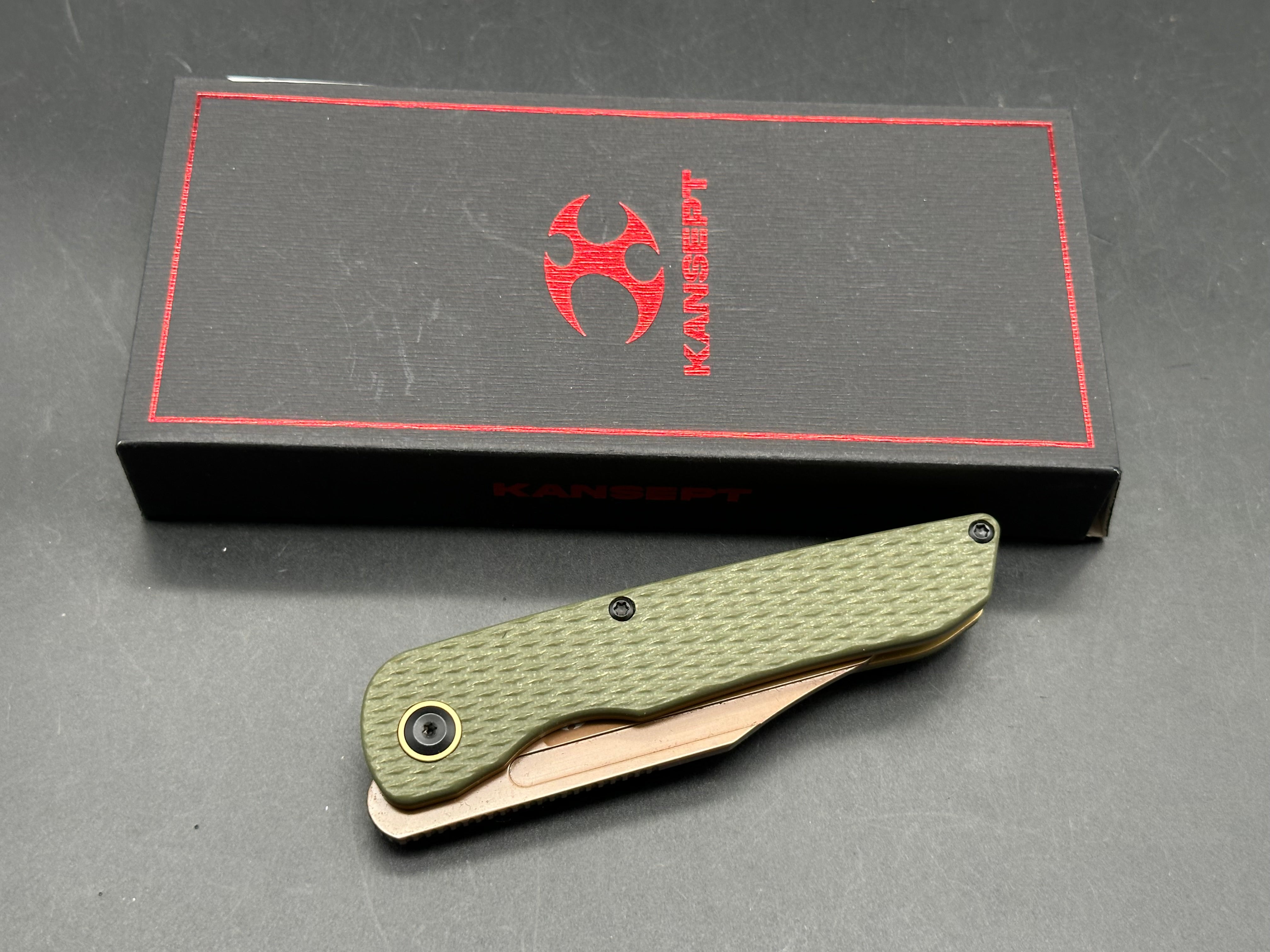 KANSEPT NETTLE FOLDING KNIFE OLIVE GREEN G10 HANDLE 154CM TANTO PLAIN EDGE ROSE GOLD FINISH