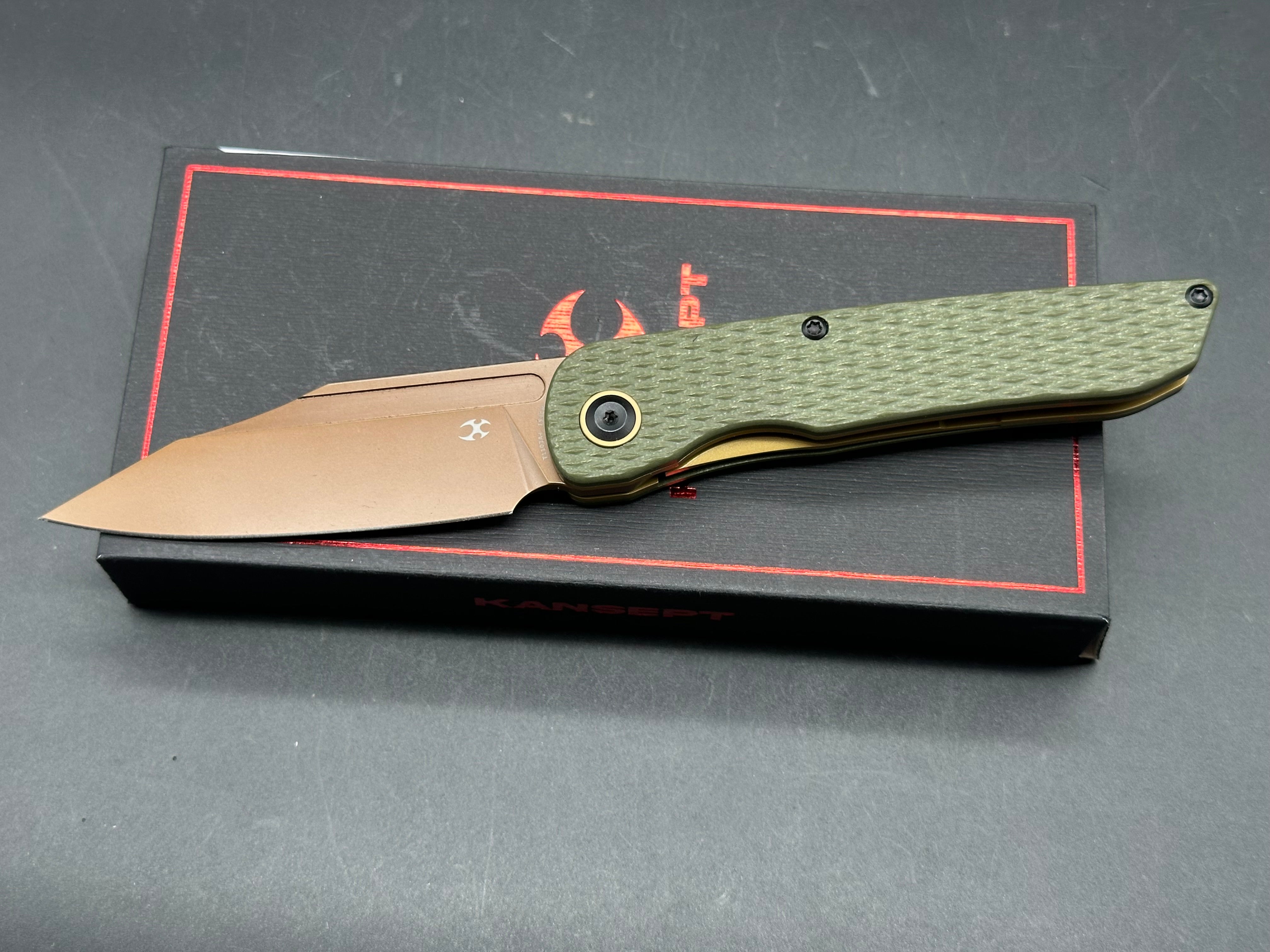 KANSEPT NETTLE FOLDING KNIFE OLIVE GREEN G10 HANDLE 154CM TANTO PLAIN EDGE ROSE GOLD FINISH