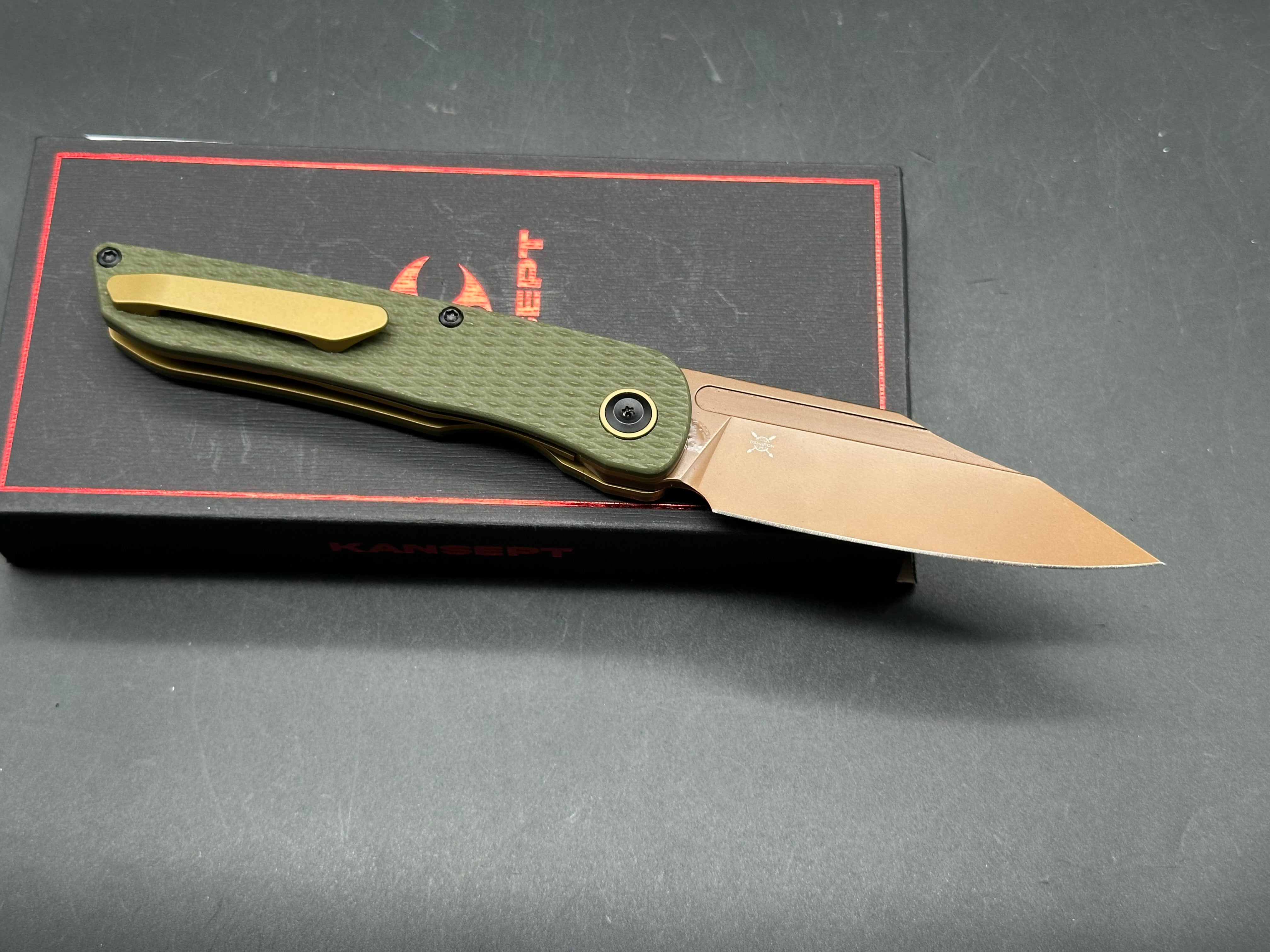 KANSEPT NETTLE FOLDING KNIFE OLIVE GREEN G10 HANDLE 154CM TANTO PLAIN EDGE ROSE GOLD FINISH
