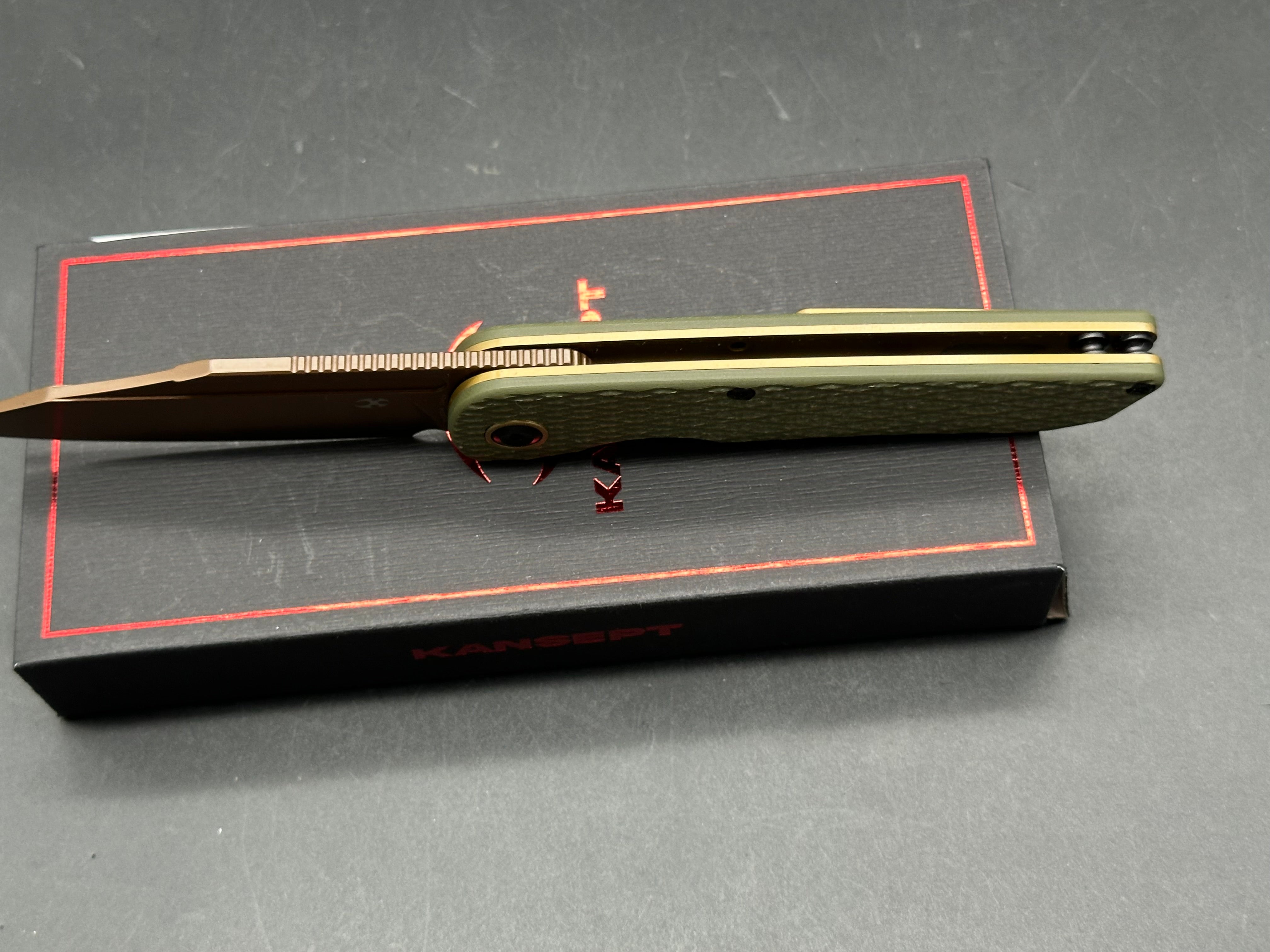 KANSEPT NETTLE FOLDING KNIFE OLIVE GREEN G10 HANDLE 154CM TANTO PLAIN EDGE ROSE GOLD FINISH