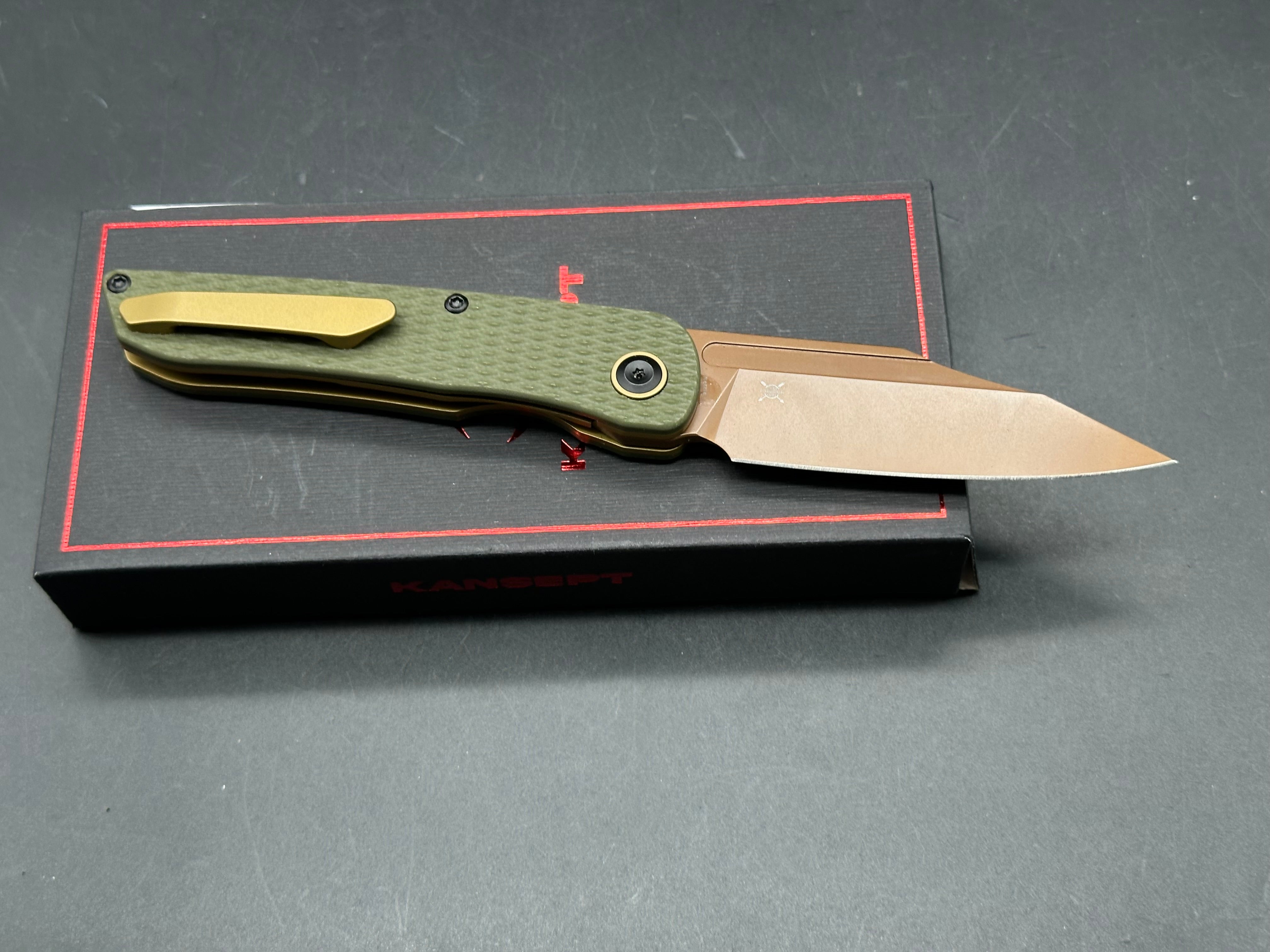 KANSEPT NETTLE FOLDING KNIFE OLIVE GREEN G10 HANDLE 154CM TANTO PLAIN EDGE ROSE GOLD FINISH