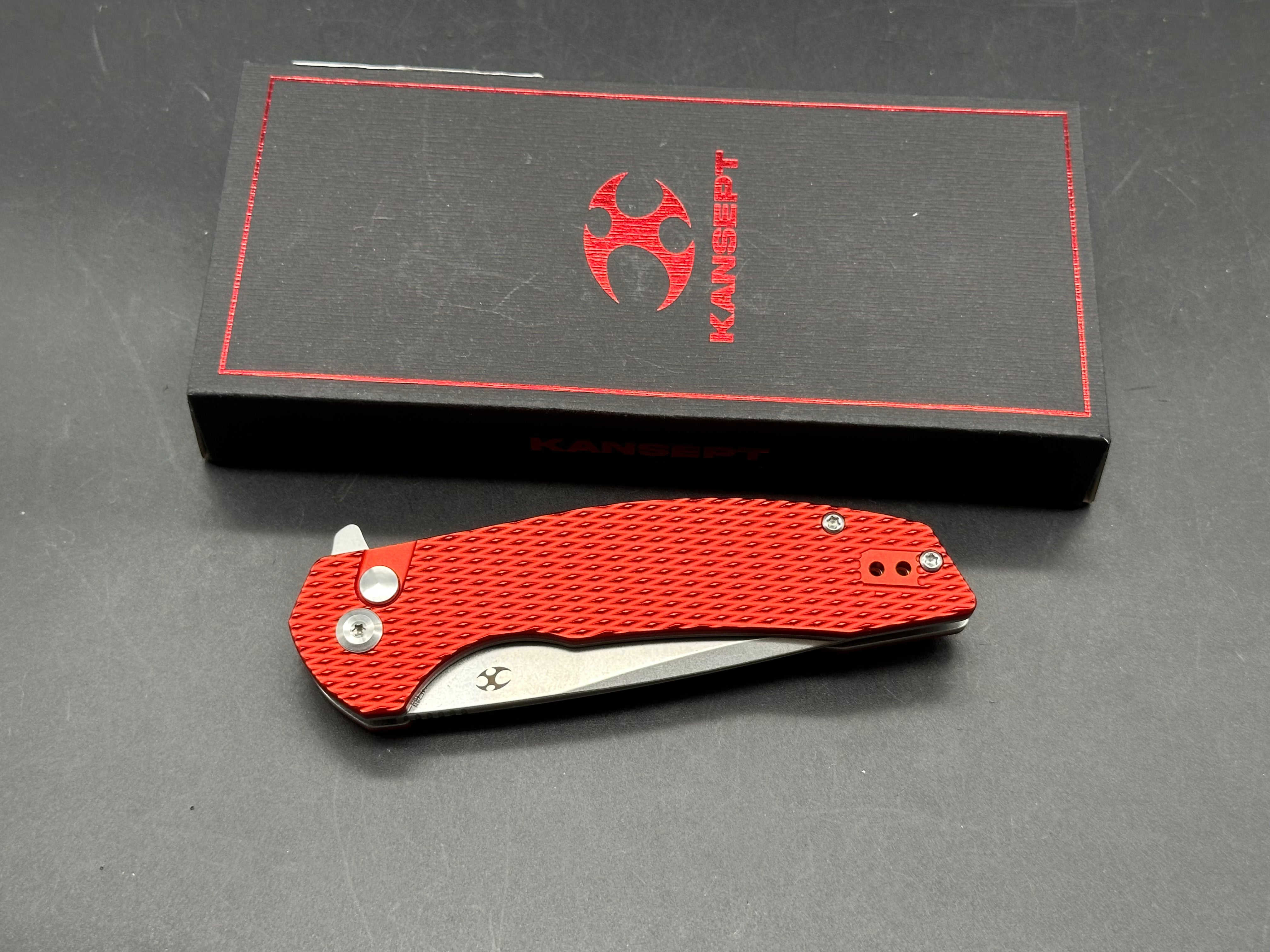 KANSEPT ACCIPITER FOLDING KNIFE RED ALUMINUM HANDLE 14C28N PLAIN EDGE STONEWASH FINISH