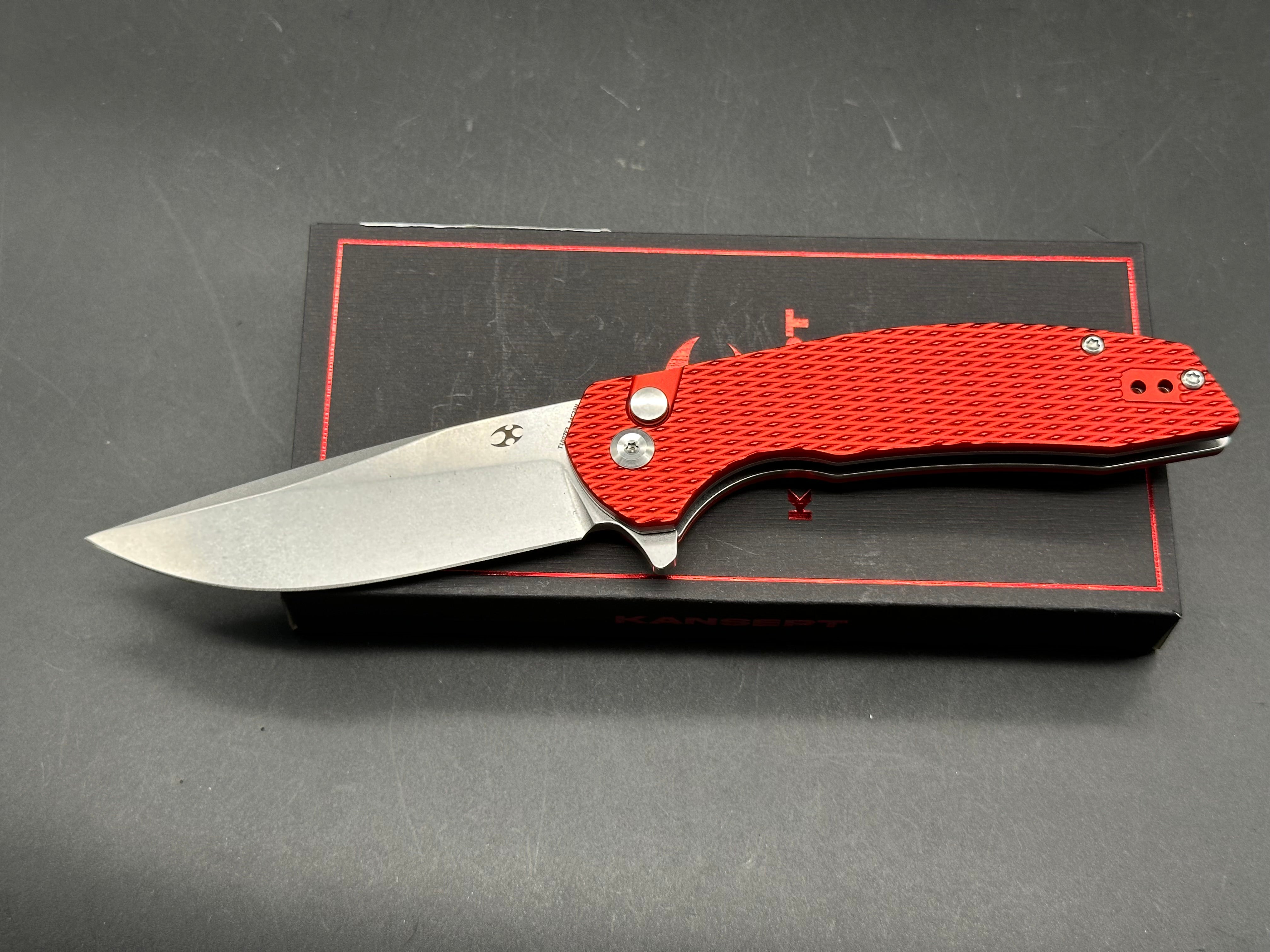 KANSEPT ACCIPITER FOLDING KNIFE RED ALUMINUM HANDLE 14C28N PLAIN EDGE STONEWASH FINISH
