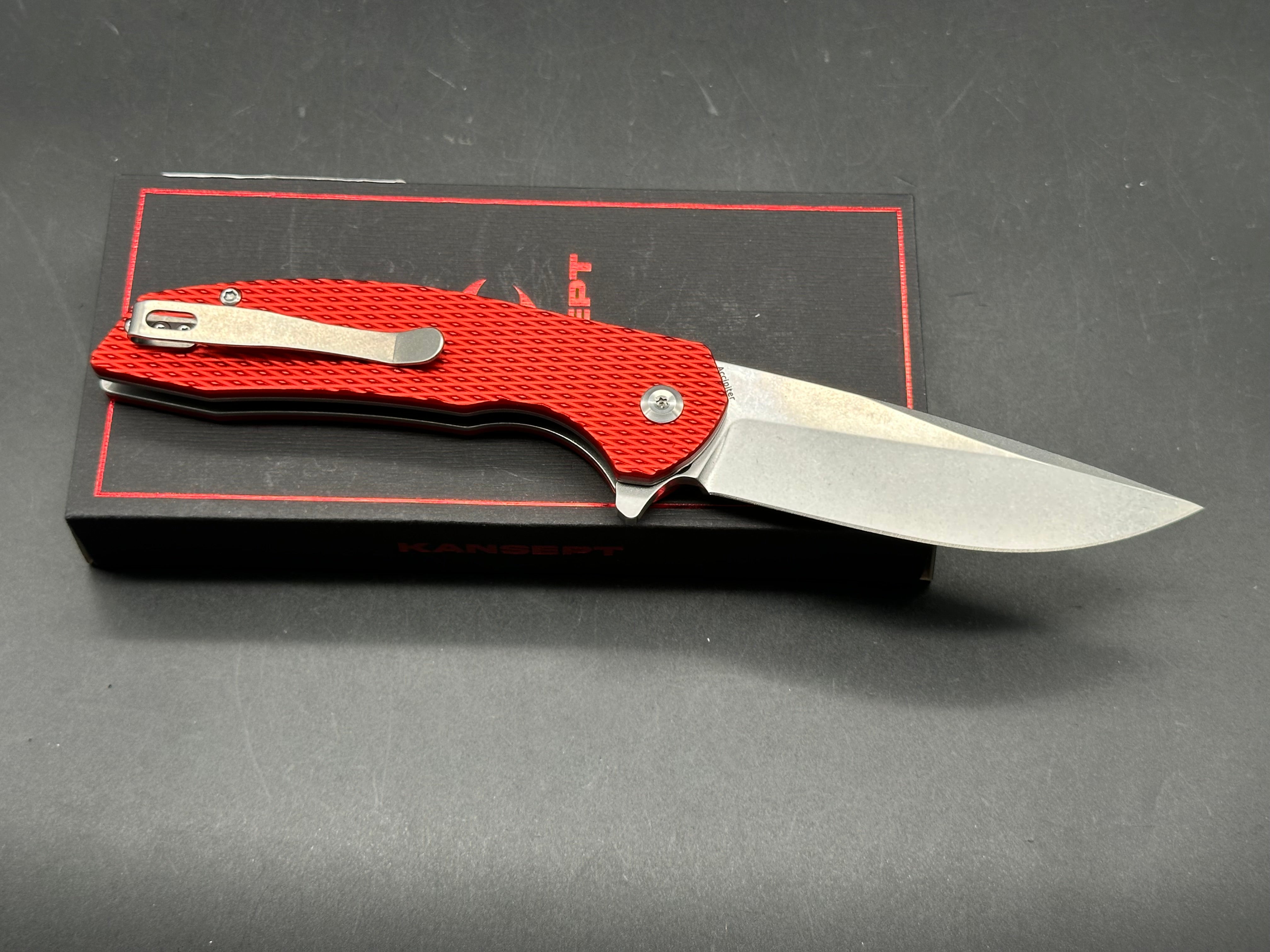 KANSEPT ACCIPITER FOLDING KNIFE RED ALUMINUM HANDLE 14C28N PLAIN EDGE STONEWASH FINISH