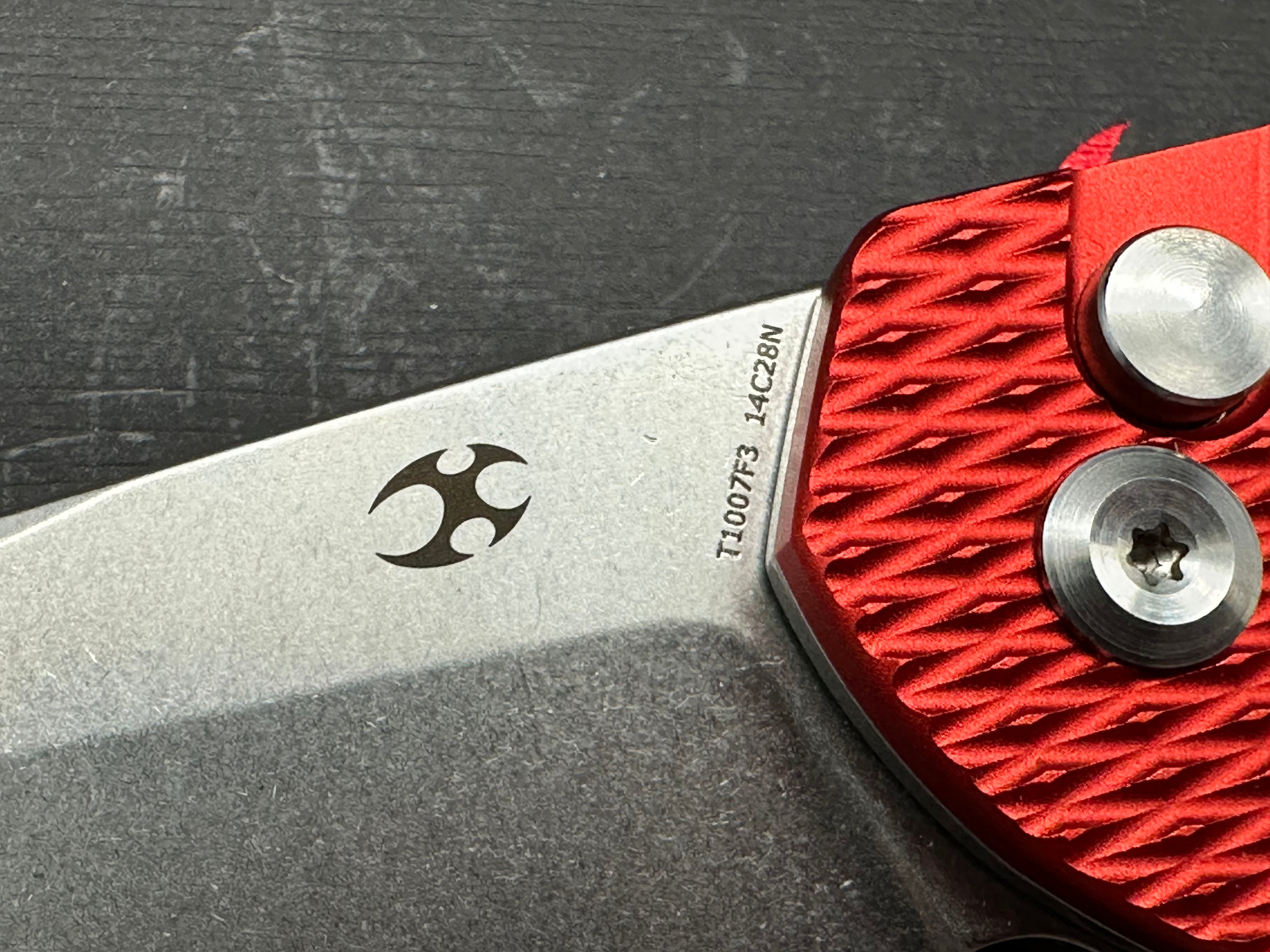 KANSEPT ACCIPITER FOLDING KNIFE RED ALUMINUM HANDLE 14C28N PLAIN EDGE STONEWASH FINISH