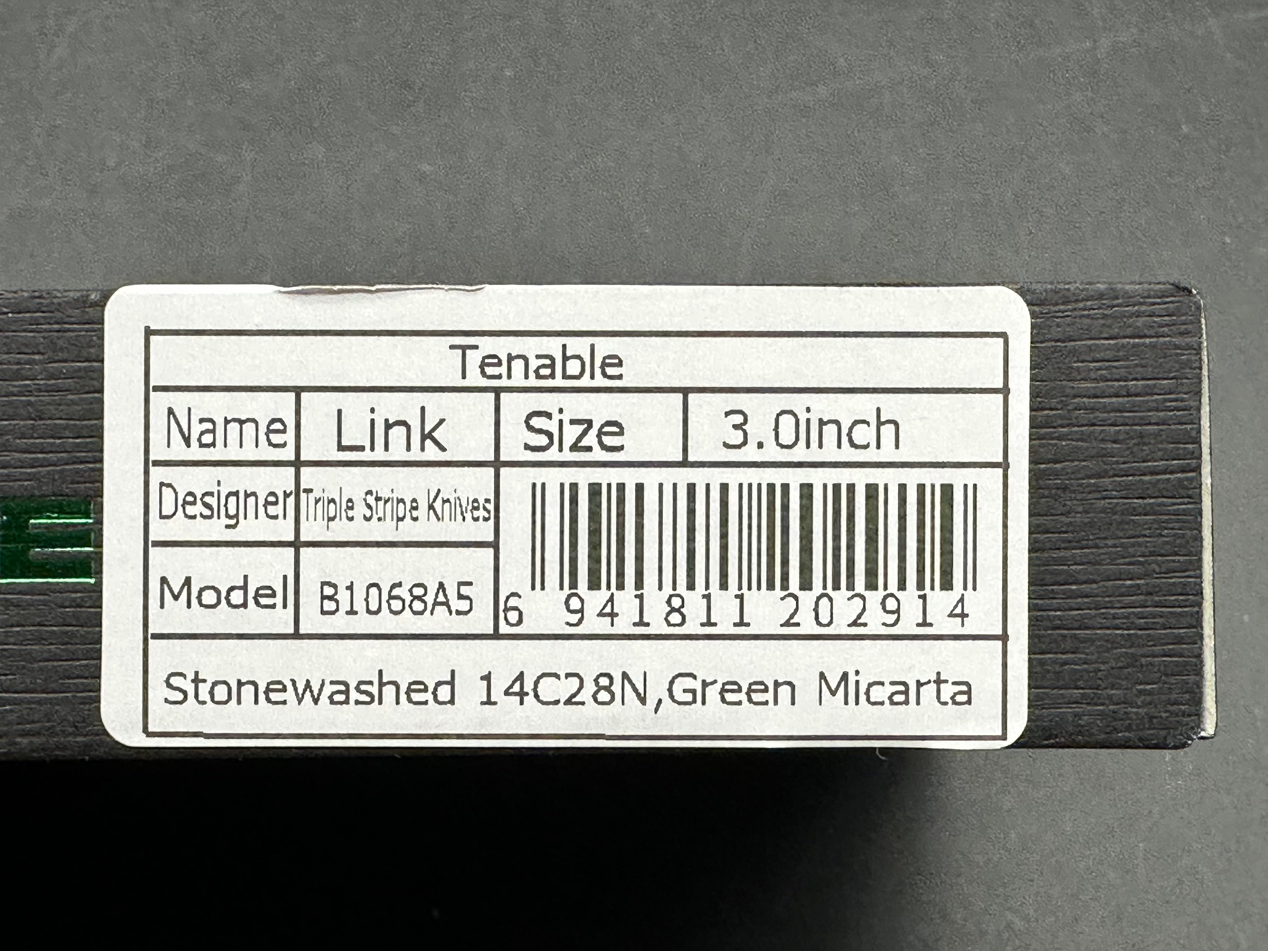 TENABLE LINK FOLDING KNIFE GREEN MICARTA HANDLE 14C28N HARPOON PLAIN EDGE STONEWASH FINISH
