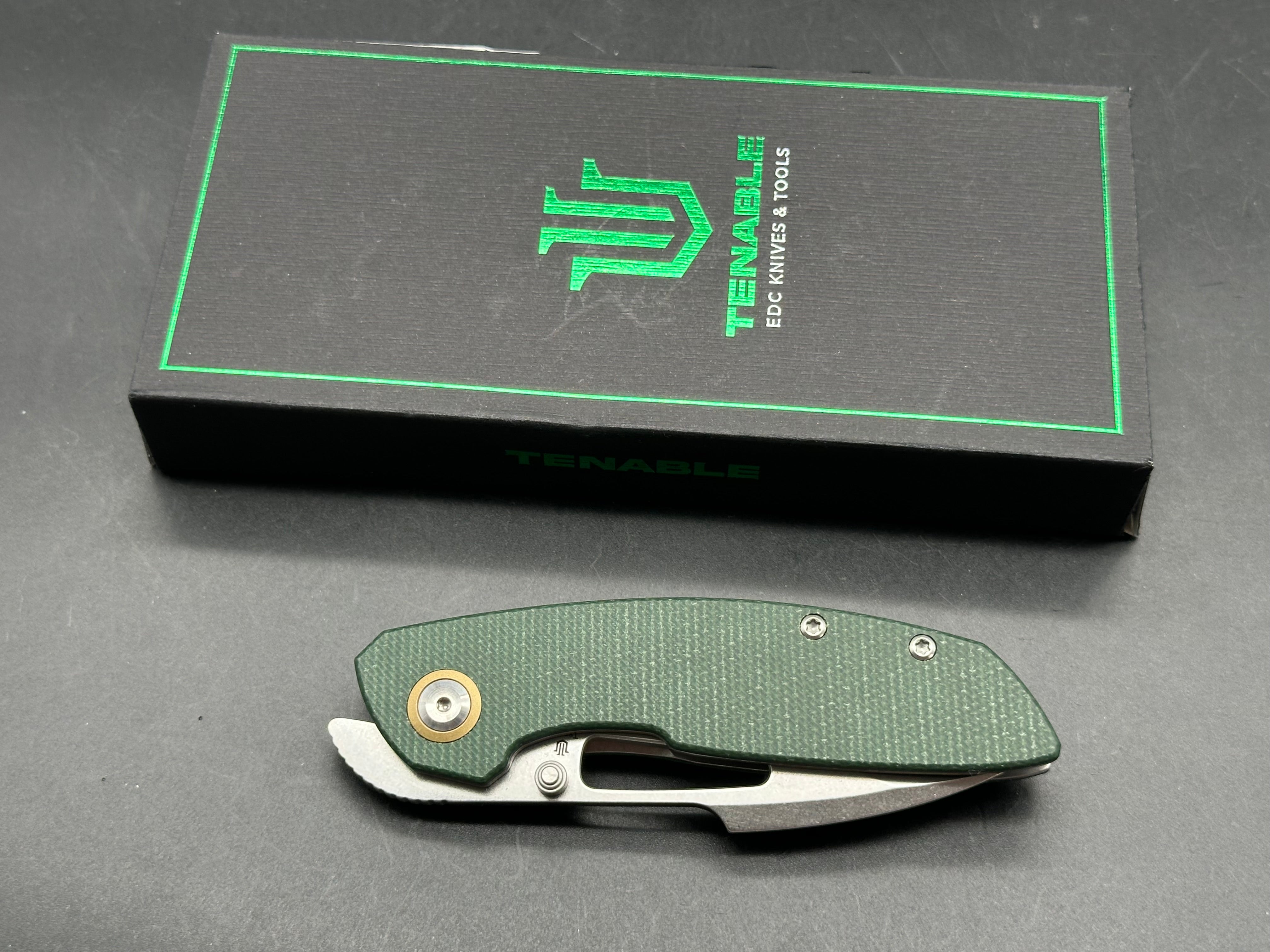 TENABLE LINK FOLDING KNIFE GREEN MICARTA HANDLE 14C28N HARPOON PLAIN EDGE STONEWASH FINISH