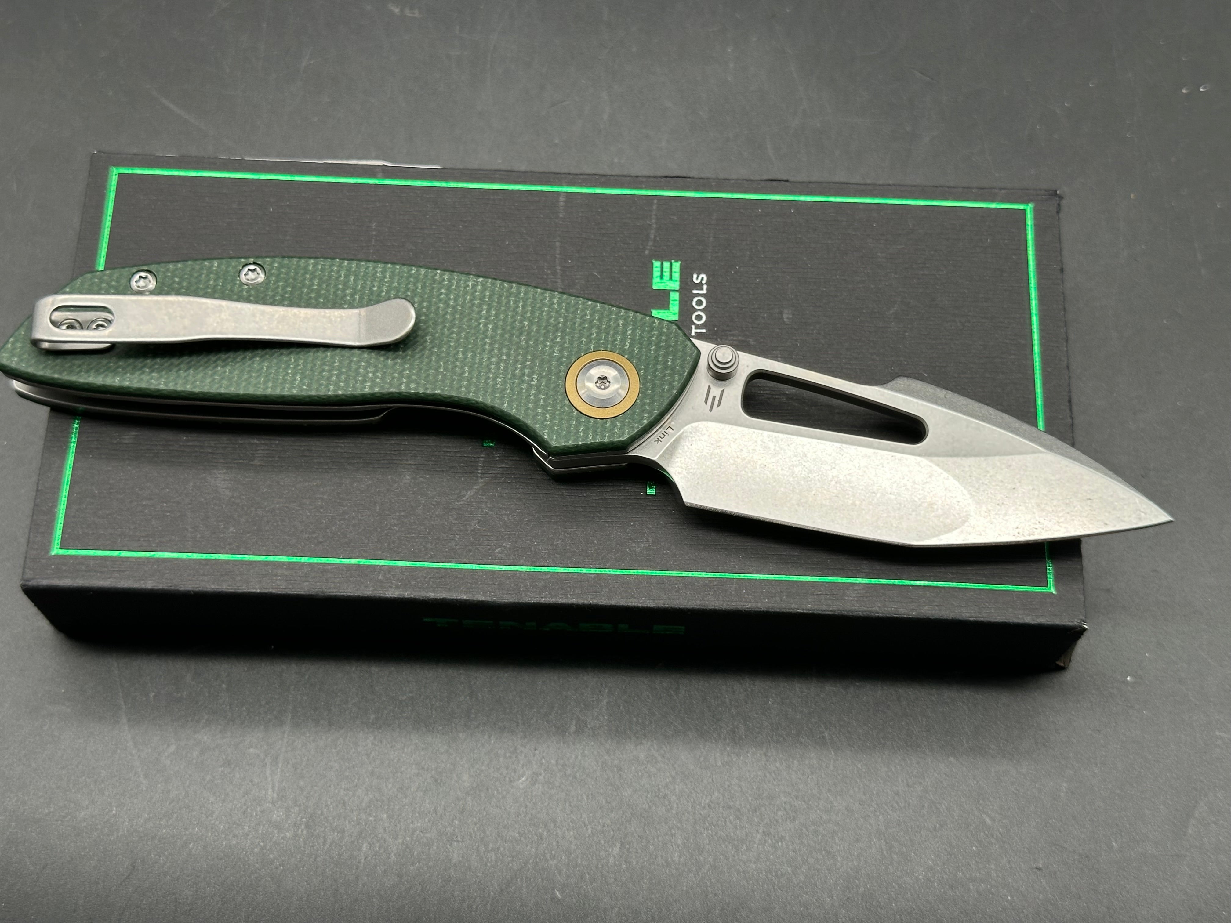TENABLE LINK FOLDING KNIFE GREEN MICARTA HANDLE 14C28N HARPOON PLAIN EDGE STONEWASH FINISH
