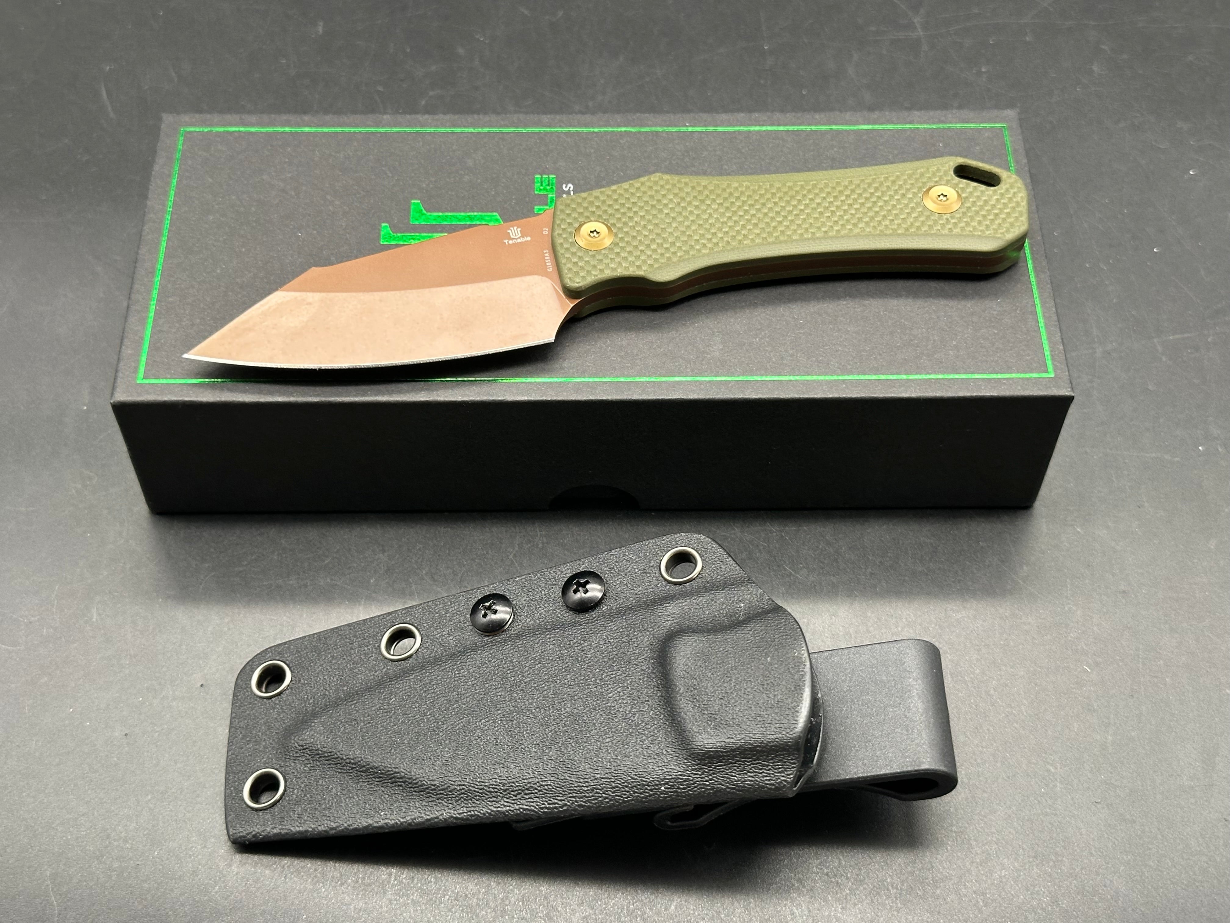 TENABLE LOKI FIXED BLADE KNIFE OLIVE GREEN G10 HANDLE D2 PLAIN EDGE ROSE GOLD FINISH