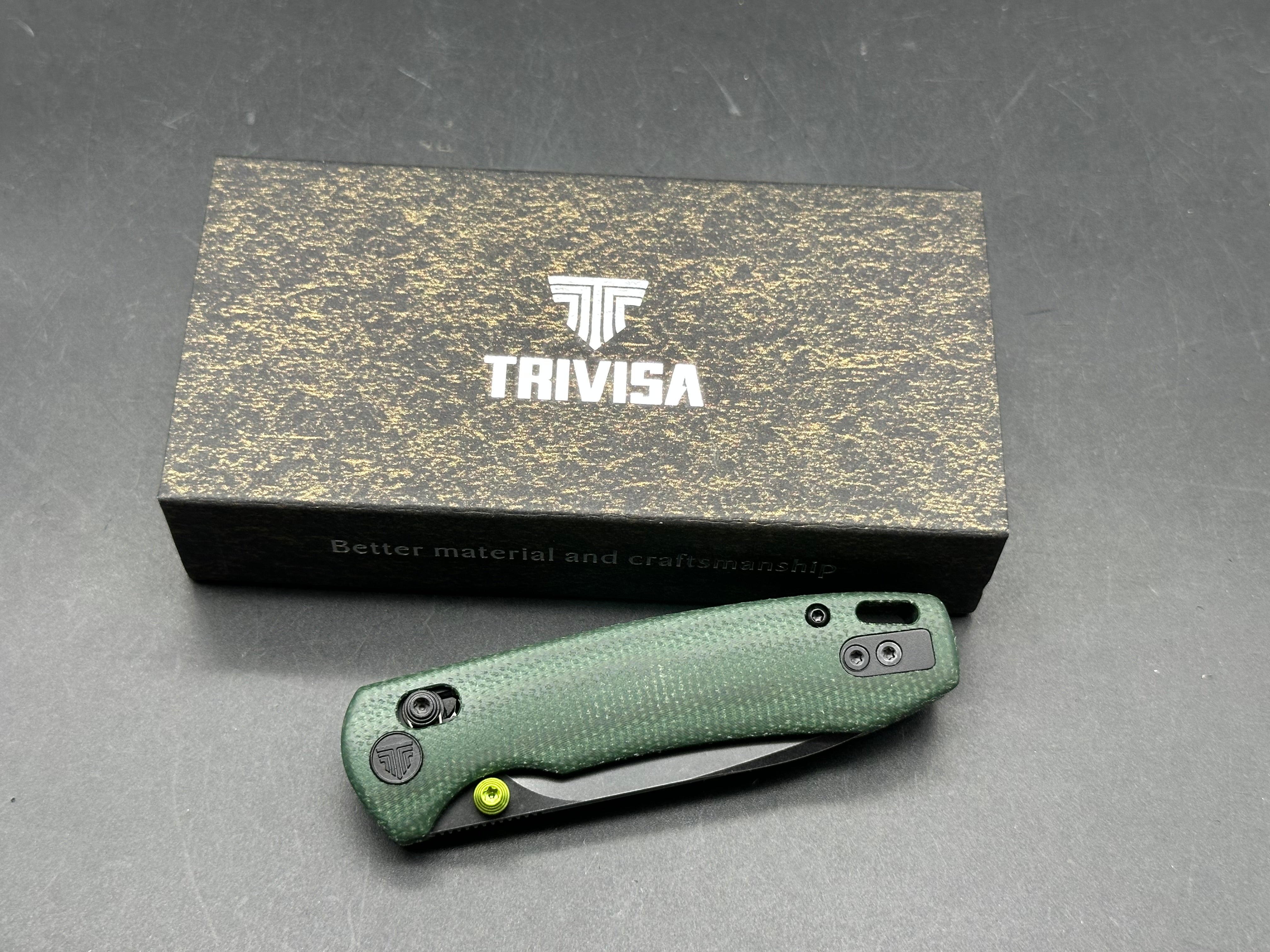 TRIVISA DRAGONFLY-GM JM03-GM-14 FOLDING KNIFE GREEN MICARTA HANDLE 14C28N DROP POINT PLAIN EDGE BLACK STONEWASH