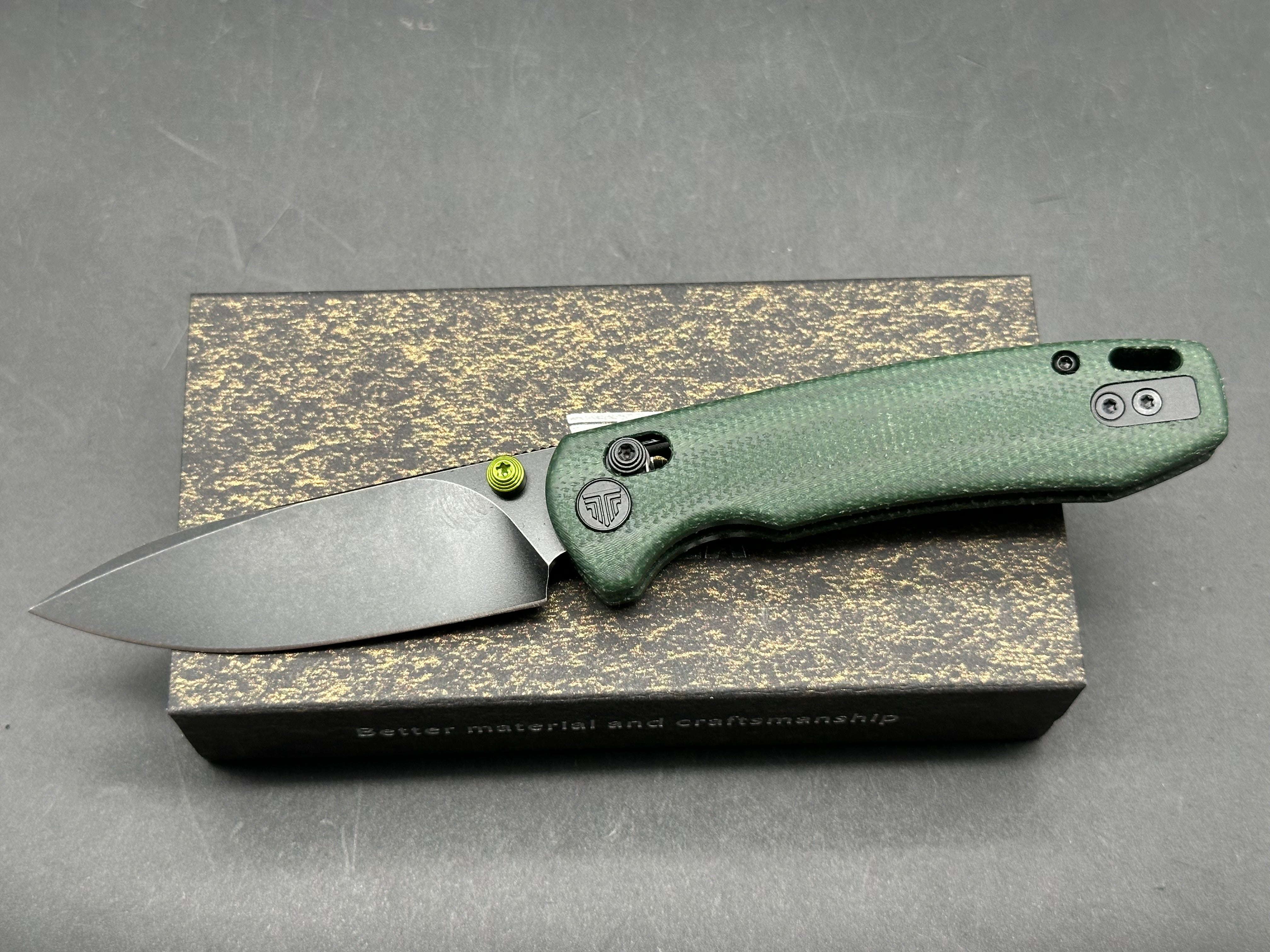 TRIVISA DRAGONFLY-GM JM03-GM-14 FOLDING KNIFE GREEN MICARTA HANDLE 14C28N DROP POINT PLAIN EDGE BLACK STONEWASH
