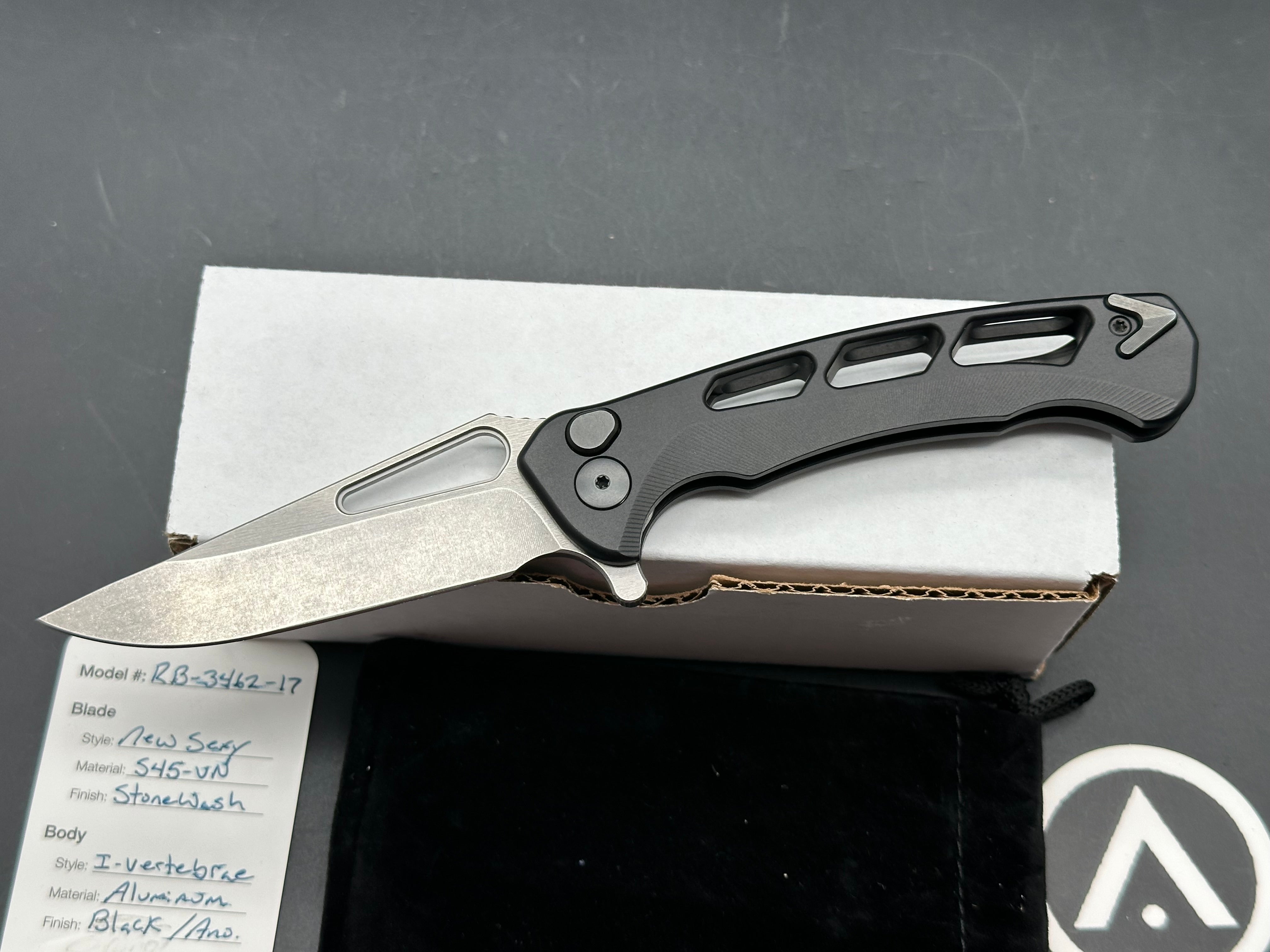 Dead Reckon Knives Ridgeback Integral Vertebrae, 3.42" CPM S45VN Stonewash Modified Clip Point Blade with Black Integral Vertebrae Aluminum Scale