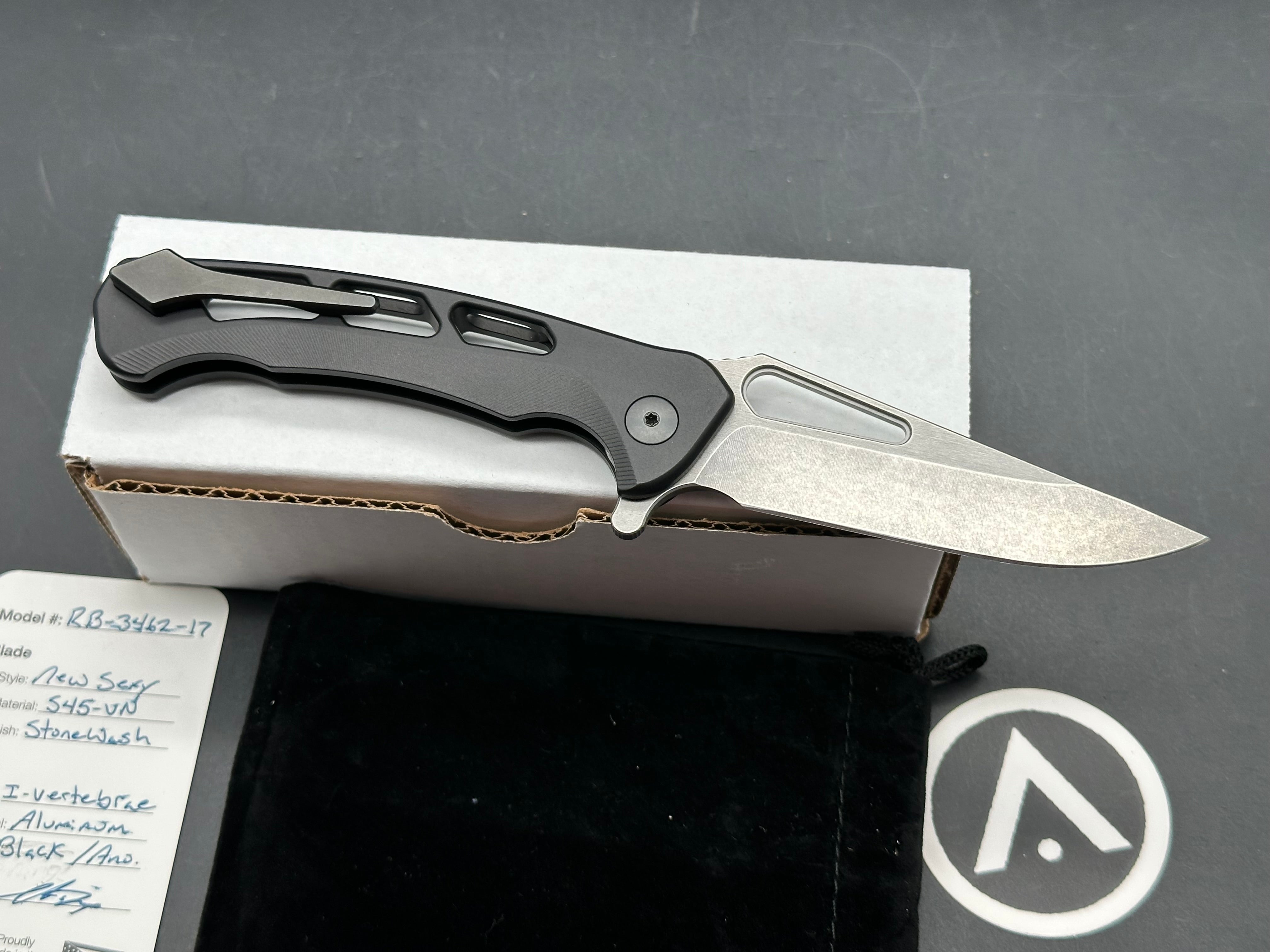 Dead Reckon Knives Ridgeback Integral Vertebrae, 3.42" CPM S45VN Stonewash Modified Clip Point Blade with Black Integral Vertebrae Aluminum Scale