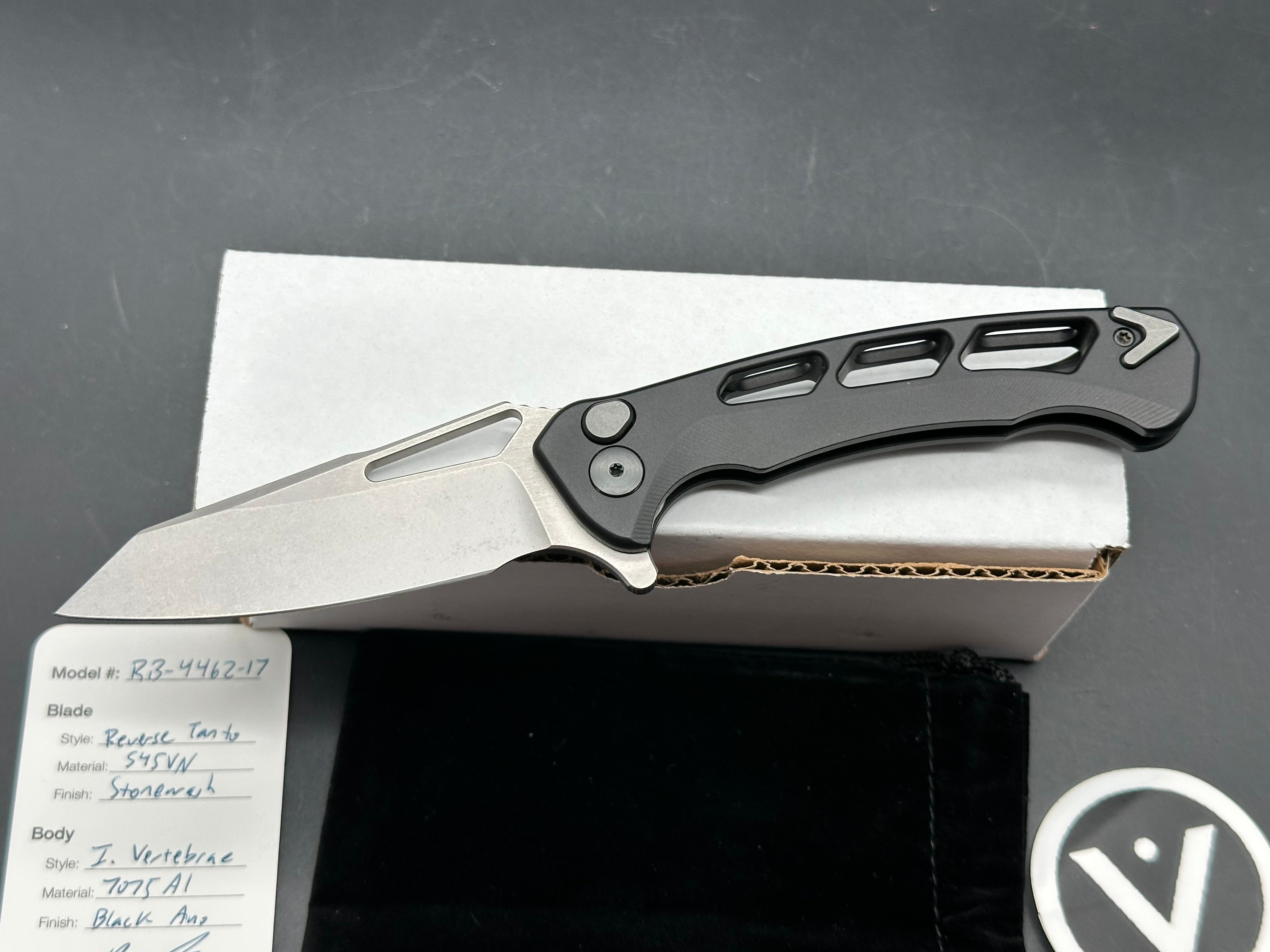 Dead Reckon Knives Ridgeback Integral Vertebrae, 3.42" CPM S45VN Stonewash Reverse Tanto Blade with Black Integral Vertebrae Aluminum Scale