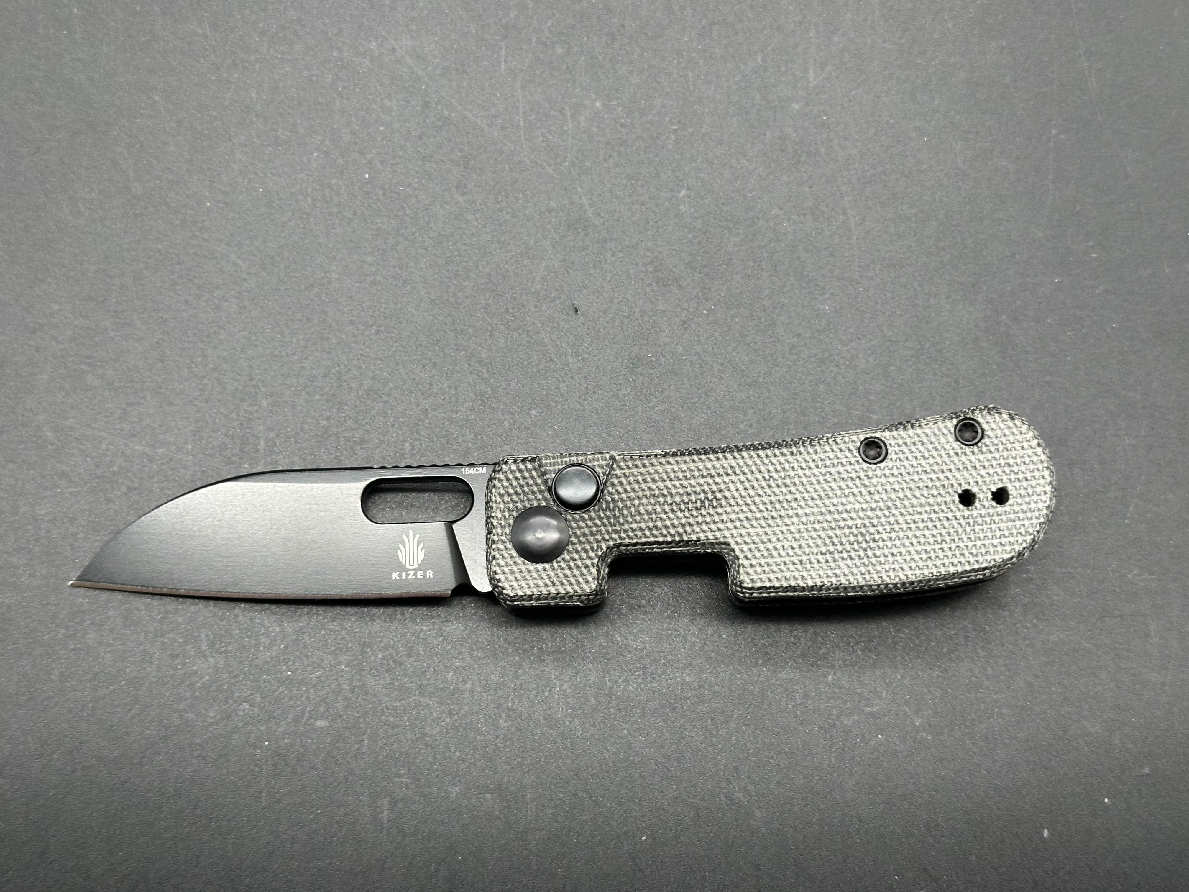 KIZER BANISH 154CM BLADE BUTTON LOCK MICARTA HANDLE