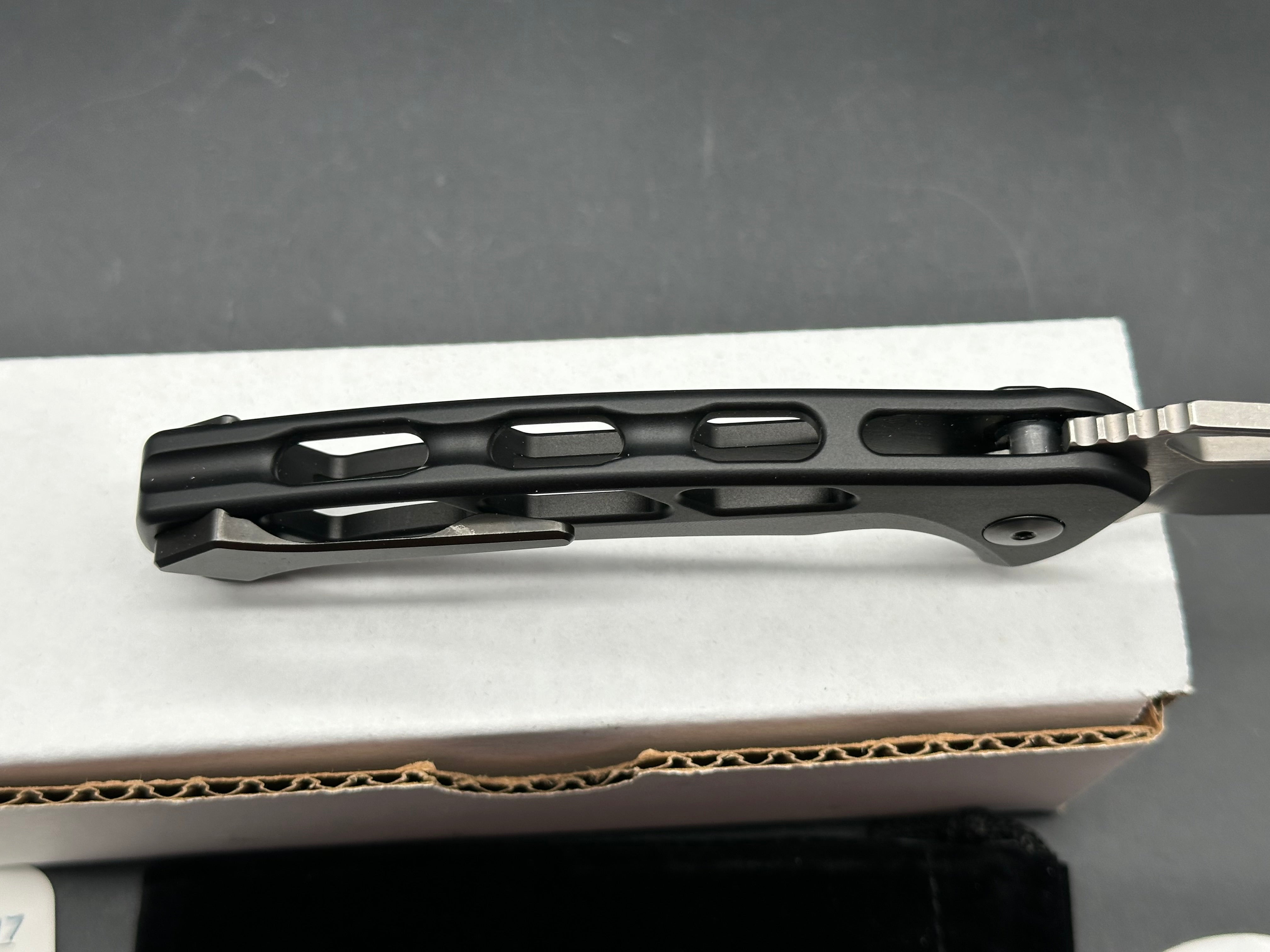 Dead Reckon Knives Ridgeback Integral Vertebrae, 3.42" CPM S45VN Stonewash Reverse Tanto Blade with Black Integral Vertebrae Aluminum Scale