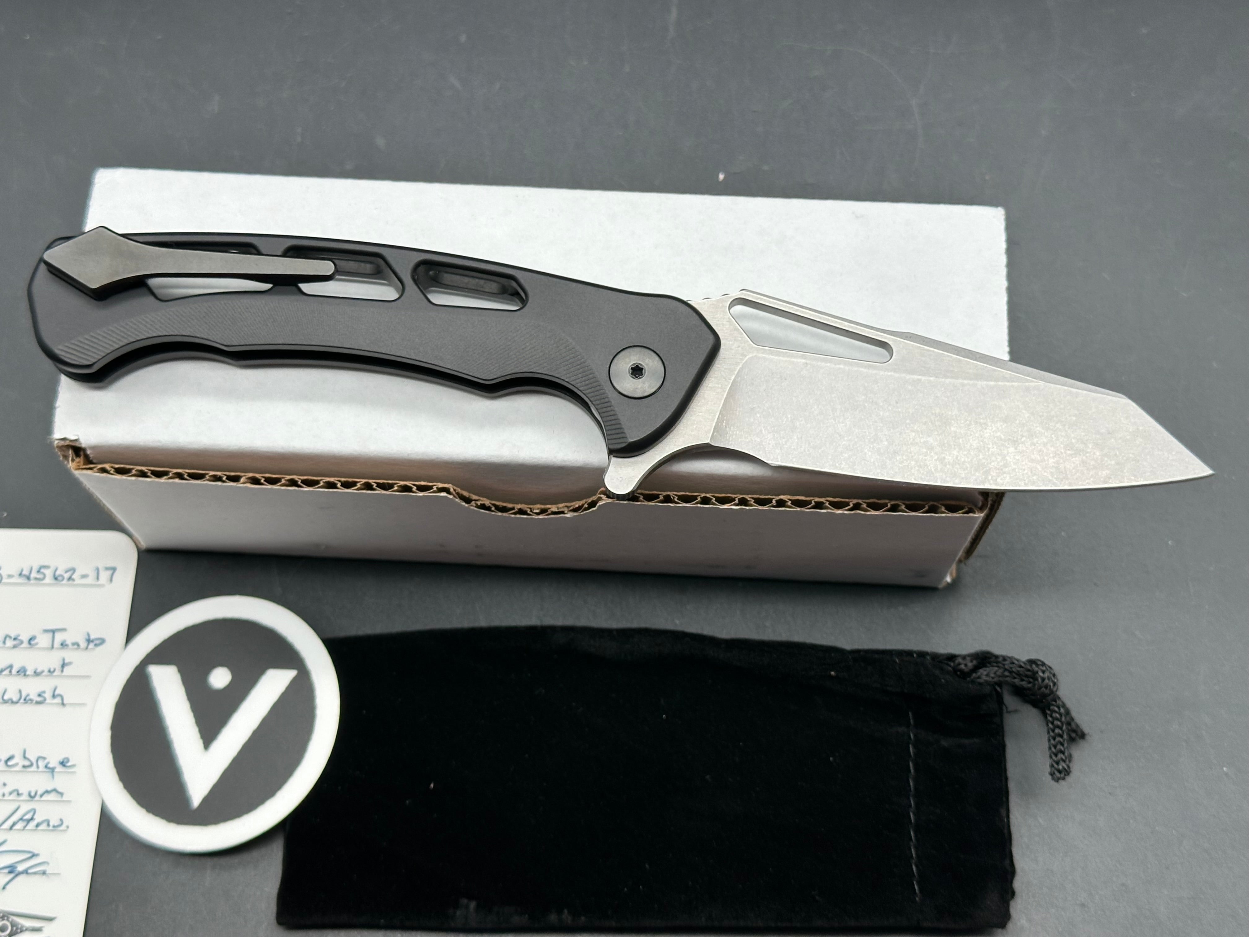 Dead Reckon Knives Ridgeback Integral Vertebrae, 3.42" CPM MagnaCut Stonewash Reverse Tanto Blade with Black Integral Vertebrae Aluminum Scale