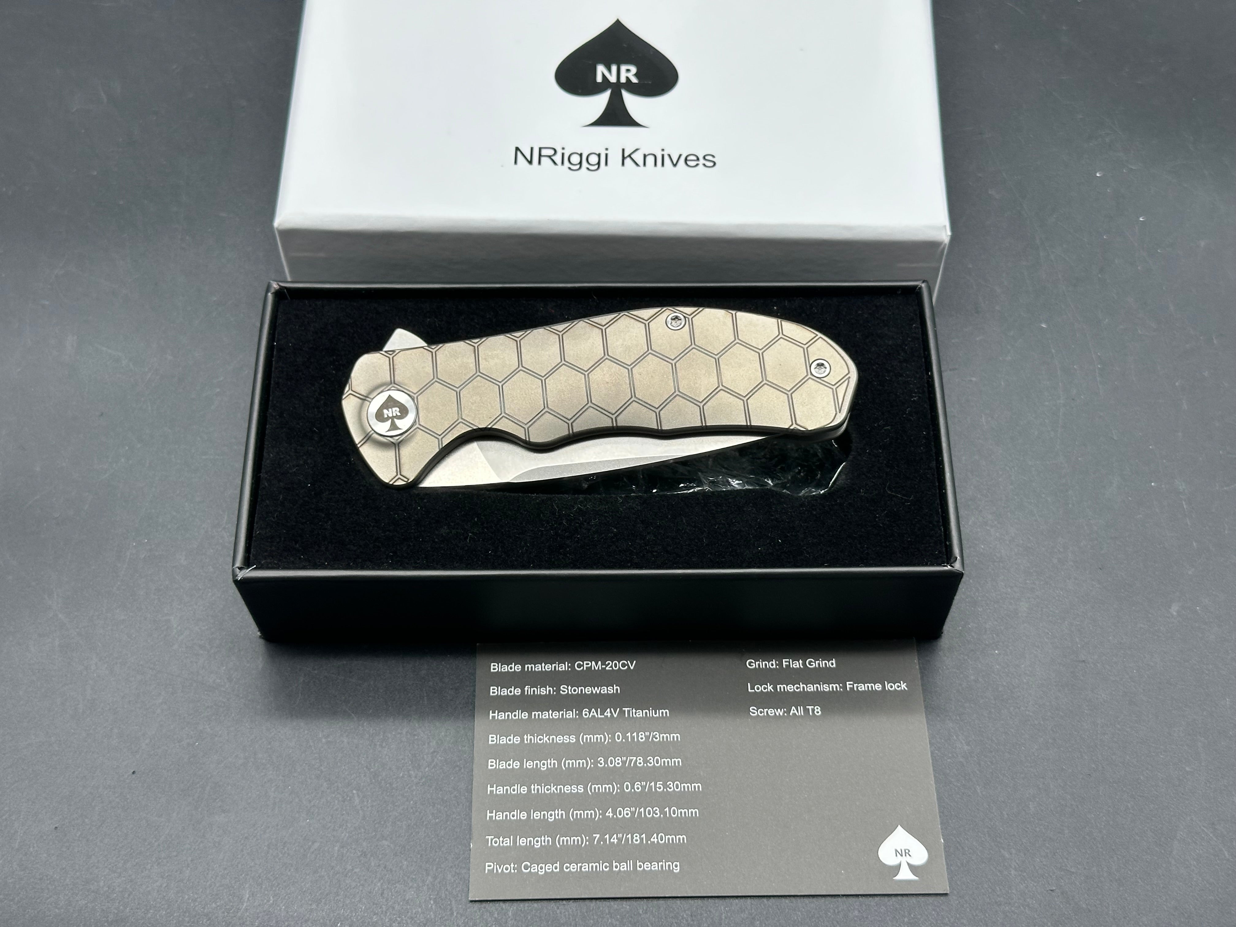 NRiggi Knives "JERSEY" Laser Engraved Titanium Scales w/CPM 20CV stonewash blade