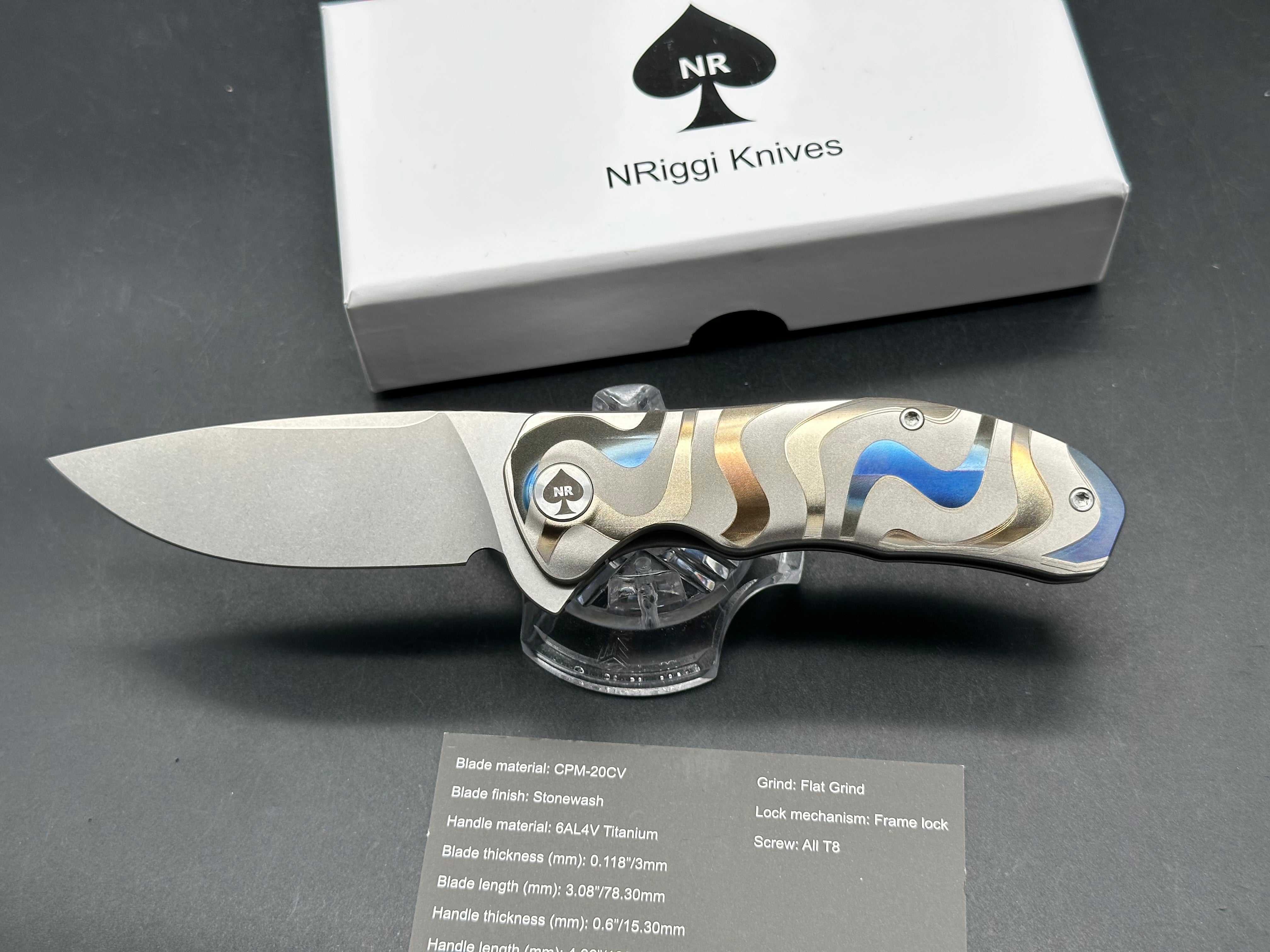NRiggi Knives "JERSEY" Laser Engraved Titanium Scales w/CPM 20CV stonewash blade