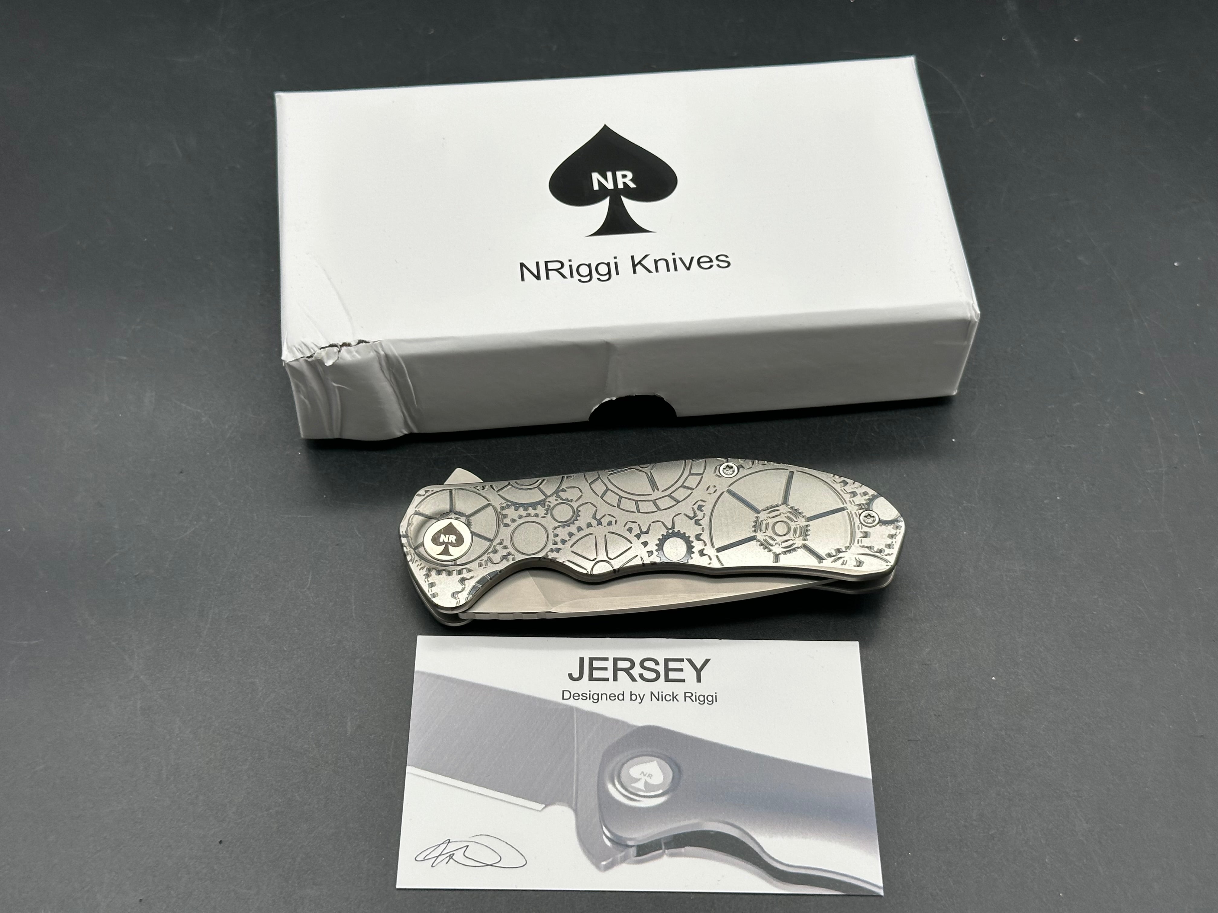 NRiggi Knives "JERSEY" Laser Engraved Titanium Scales w/CPM 20CV bead blast blade