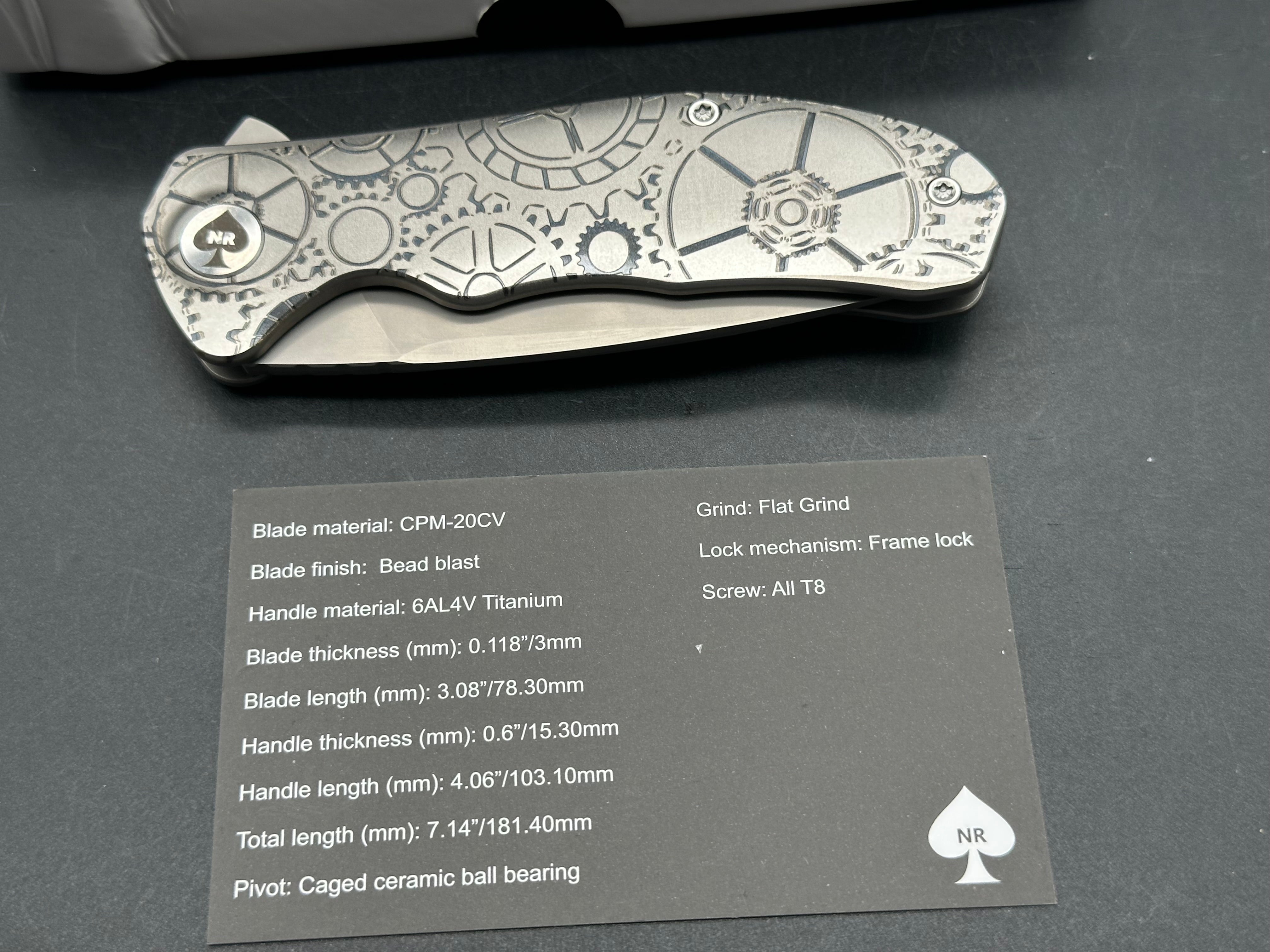 NRiggi Knives "JERSEY" Laser Engraved Titanium Scales w/CPM 20CV bead blast blade