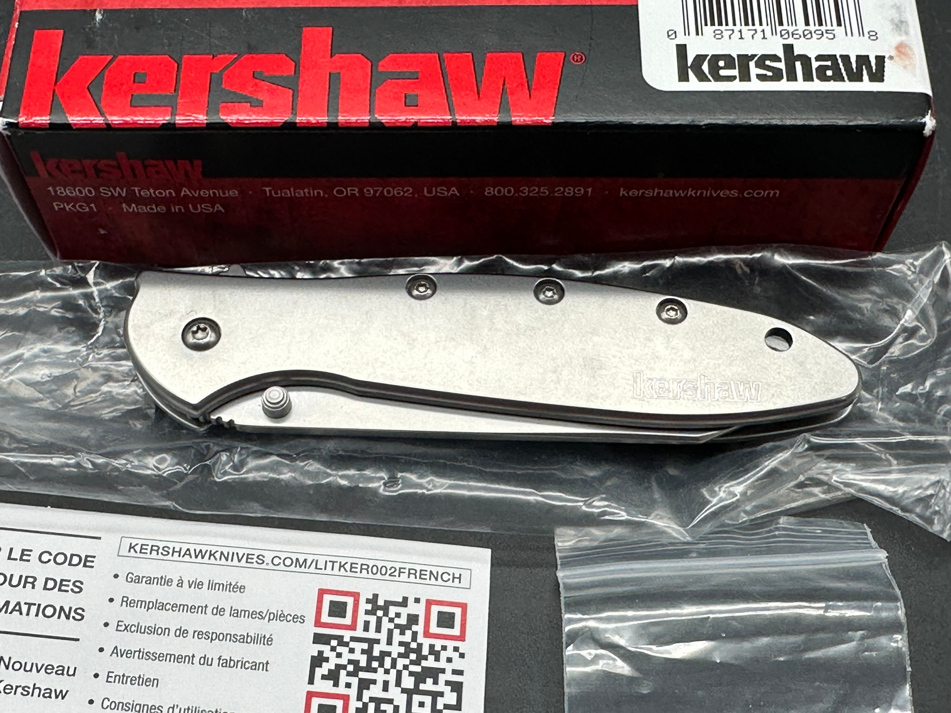 Kershaw Random Leek, 3" 14C28N Bead Blasted Reverse Tanto Blade with Bead Blasted 410 Stainless Steel Frame Lock Scales