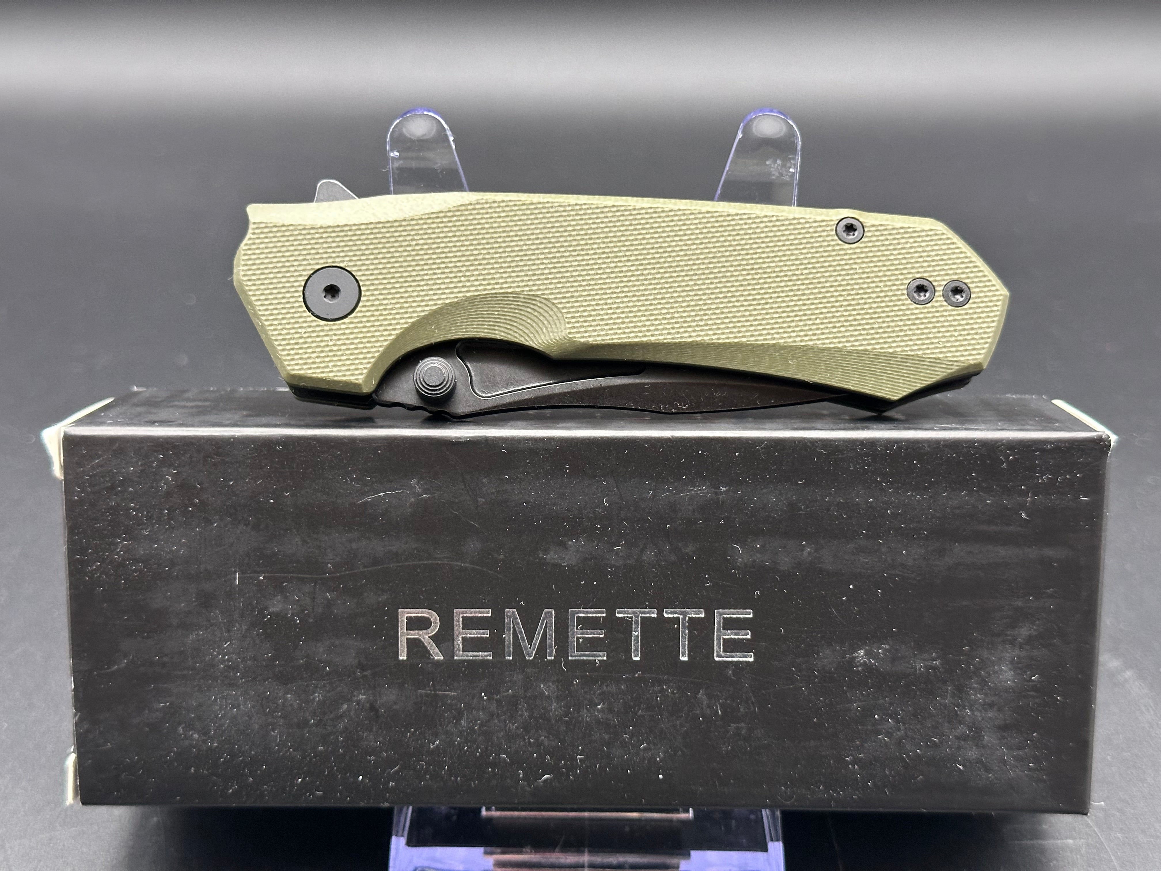 REMETTE Folding Pocket Knife Rhino, 3" D2 Steel Unique Blade Green G10 Handle EDC Knife