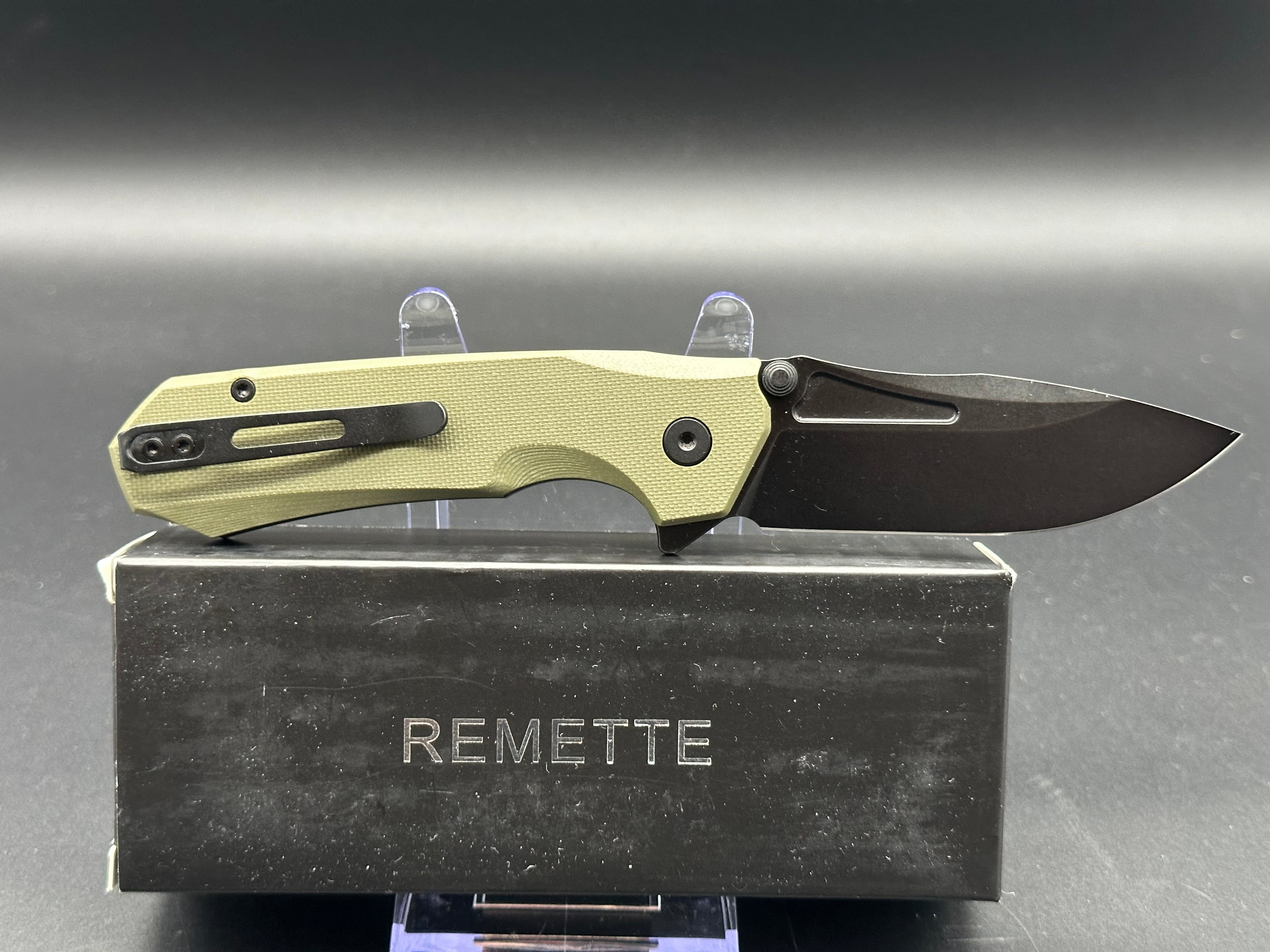 REMETTE Folding Pocket Knife Rhino, 3" D2 Steel Unique Blade Green G10 Handle EDC Knife