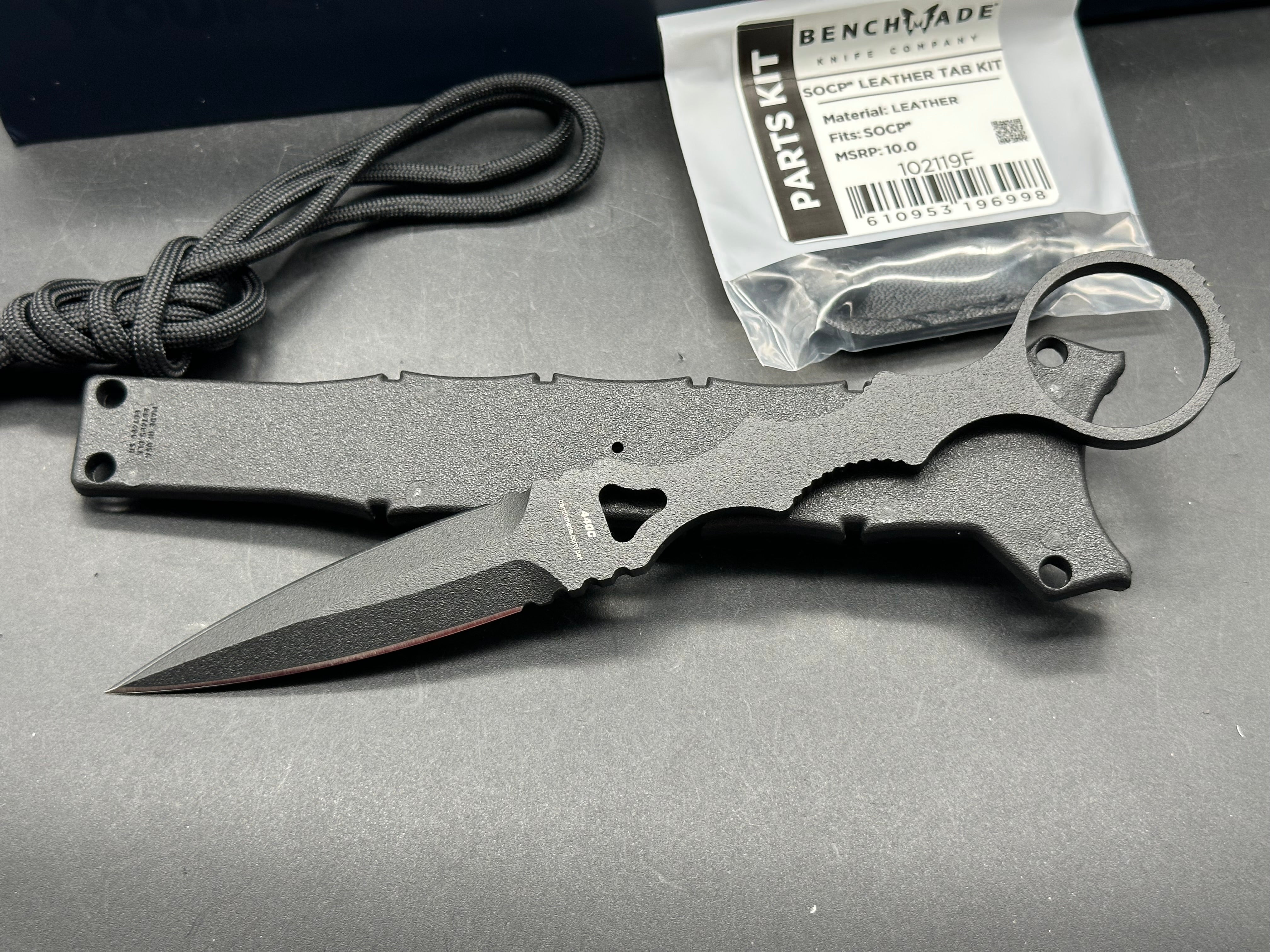 Benchmade SOCP Dagger, 3.22" 440C Black Powdercoat Double Edge Dagger Blade with Kydex Sheath and SOCP Black Leather Backplate