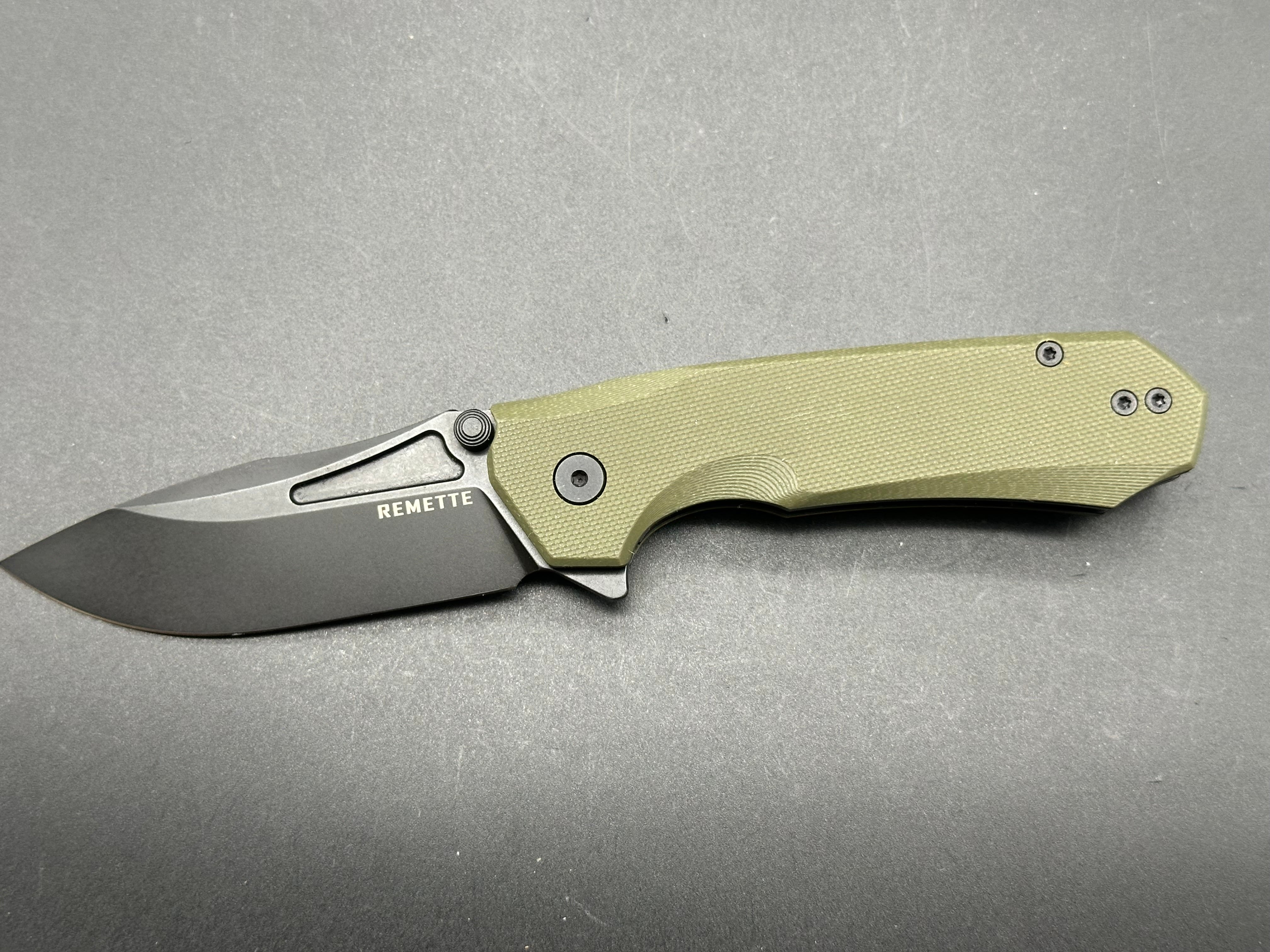 REMETTE Folding Pocket Knife Rhino, 3" D2 Steel Unique Blade Green G10 Handle EDC Knife