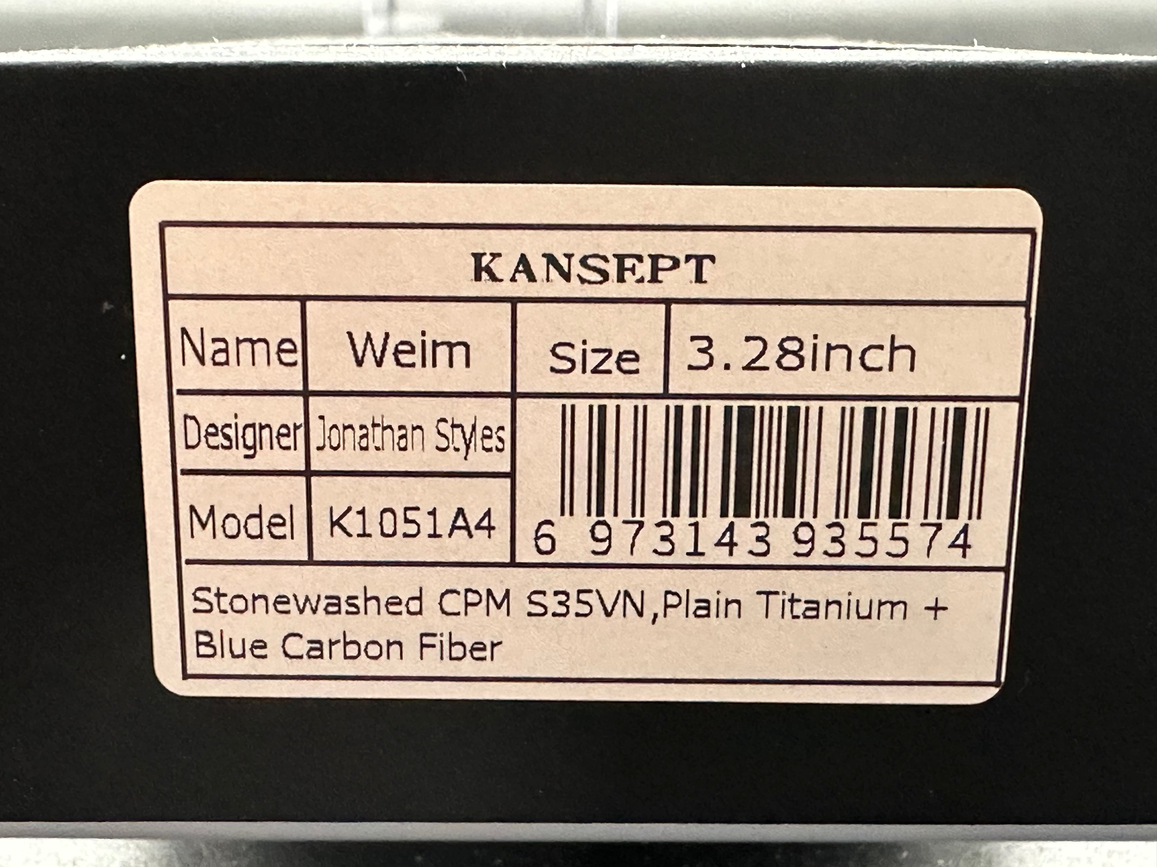 KANSEPT WEIM BLUE/BLACK CARBON FIBER/GRAY TITANIUM HANDLE S35VN SHEEPSFOOT