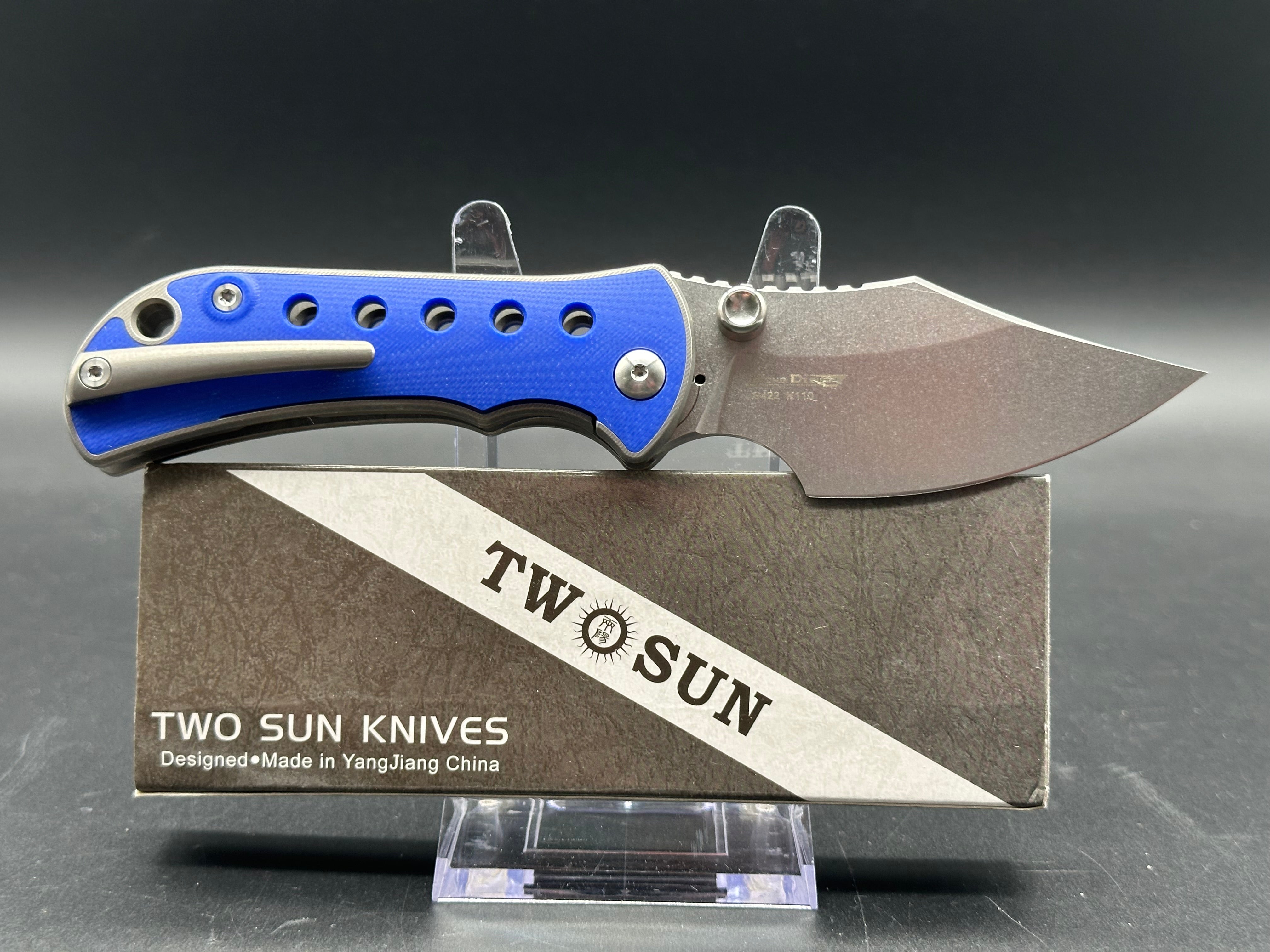 TWOSUN TS422-BLU POCKET KNIFE TITANIUM HANDLE BLUE G10 INLAY K110 BLADE FRONT FLIPPER