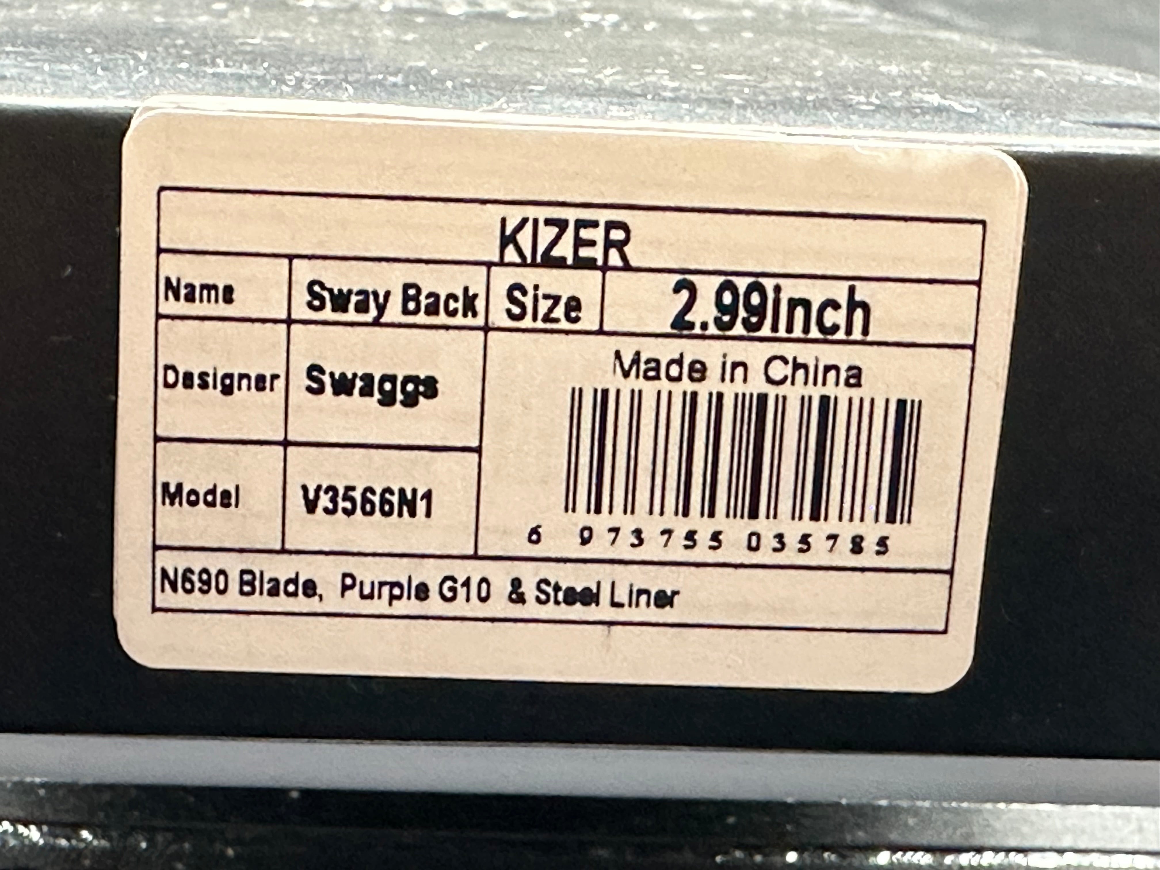 KIZER (Saggs) SWAY BACK FOLDING KNIFE PURPLE G10 HANDLE N690 PLAIN EDGE V3566N1