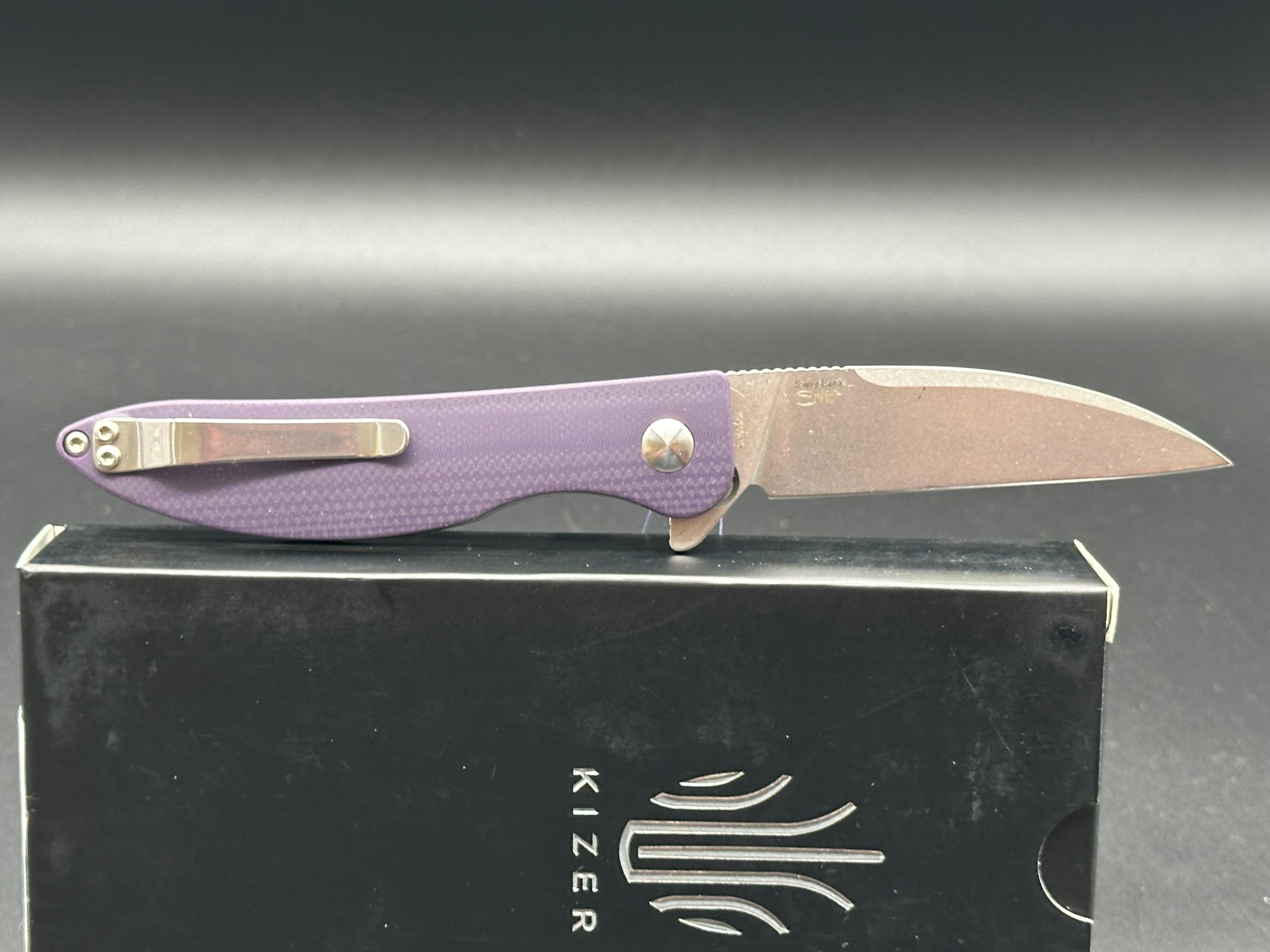 KIZER (Saggs) SWAY BACK FOLDING KNIFE PURPLE G10 HANDLE N690 PLAIN EDGE V3566N1