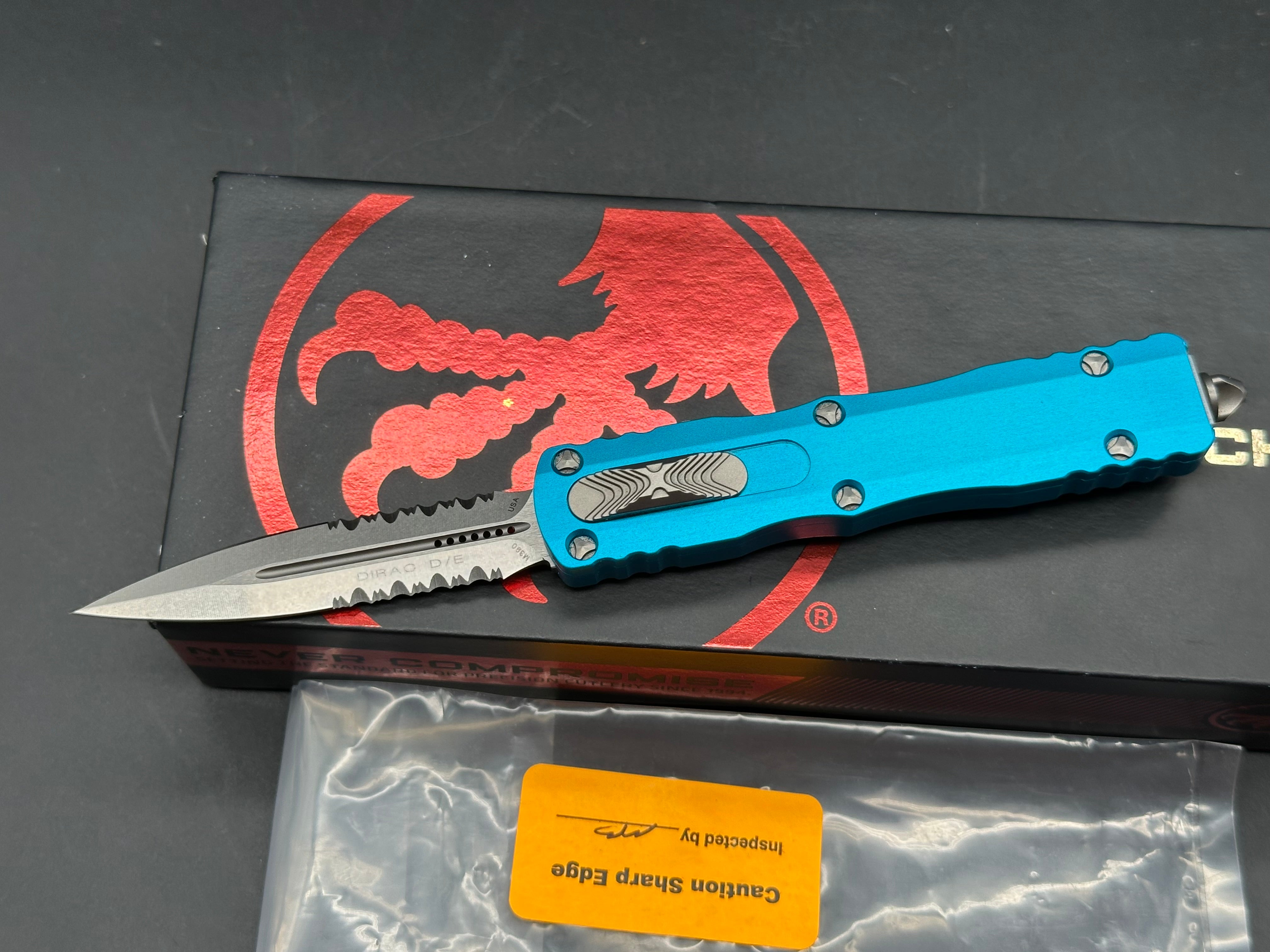 Microtech 225-11TQ Dirac AUTO OTF Knife 2.92" Stonewashed Double Combo Edge Dagger Blade, Turquoise Aluminum Handles
