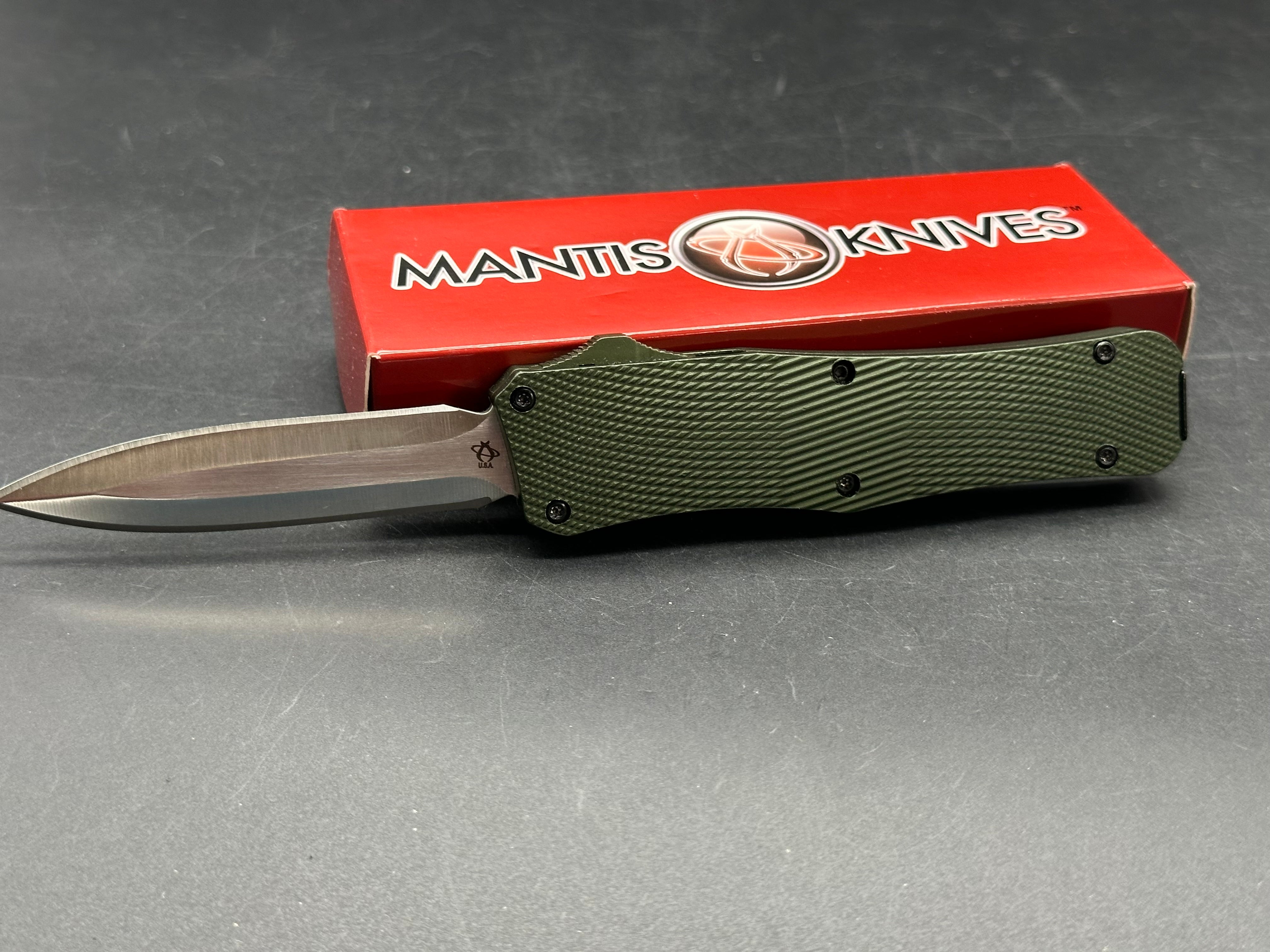 Mantis 817 AUTO OTF Knife 3.25" 440C Satin Plain Double Edge Dagger Blade, OD Green Milled Aluminum Handles