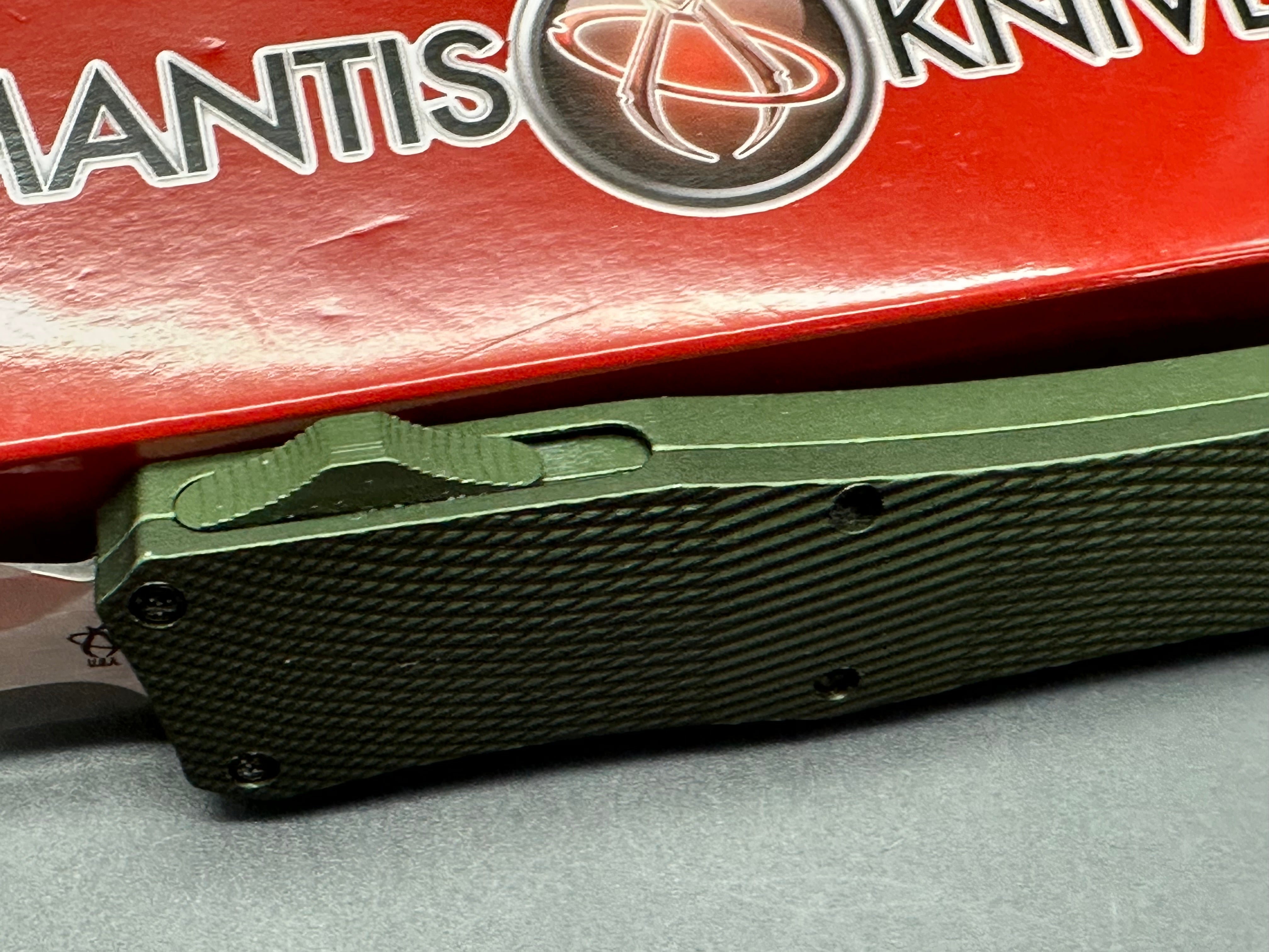 Mantis 817 AUTO OTF Knife 3.25" 440C Satin Plain Double Edge Dagger Blade, OD Green Milled Aluminum Handles